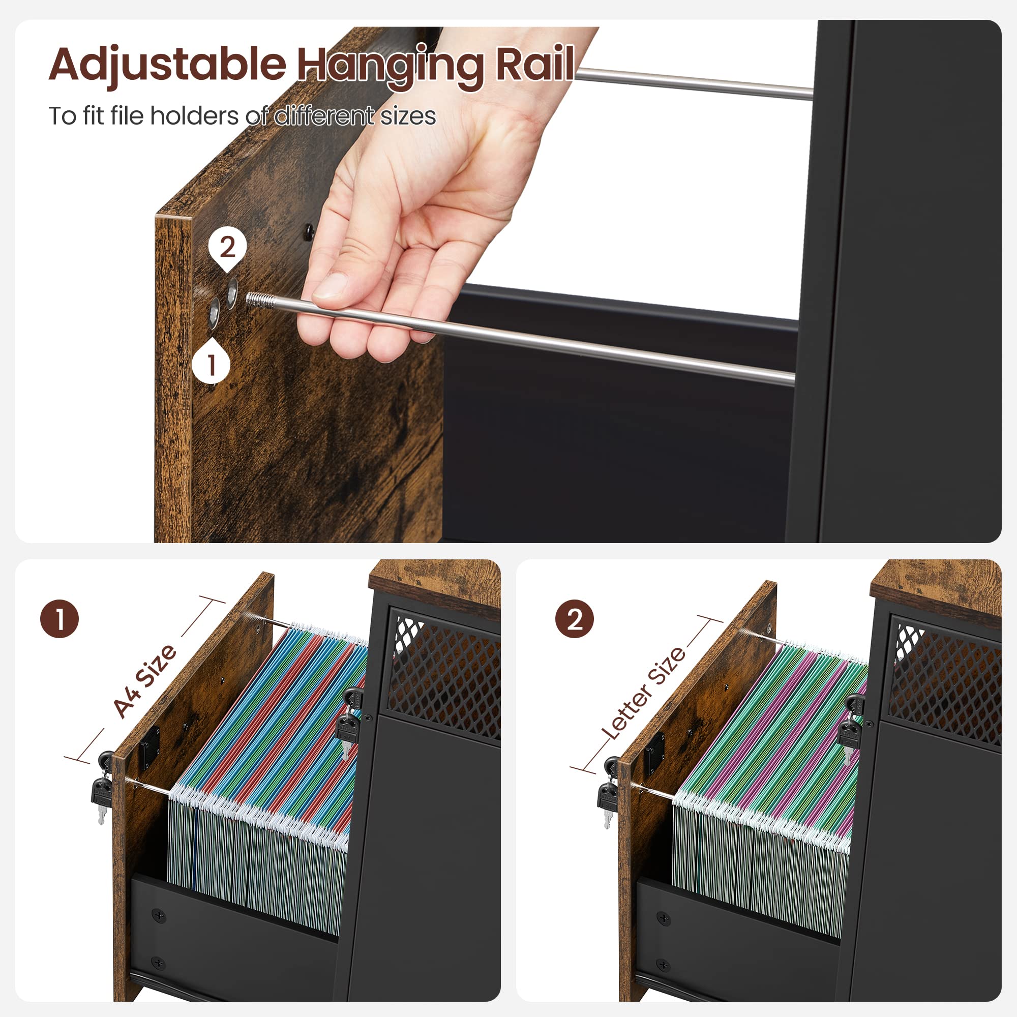VASAGLE Mobile File Cabinet with 2 Lockable Drawers | Rustic Brown + Black | 44x42x69 cm 6