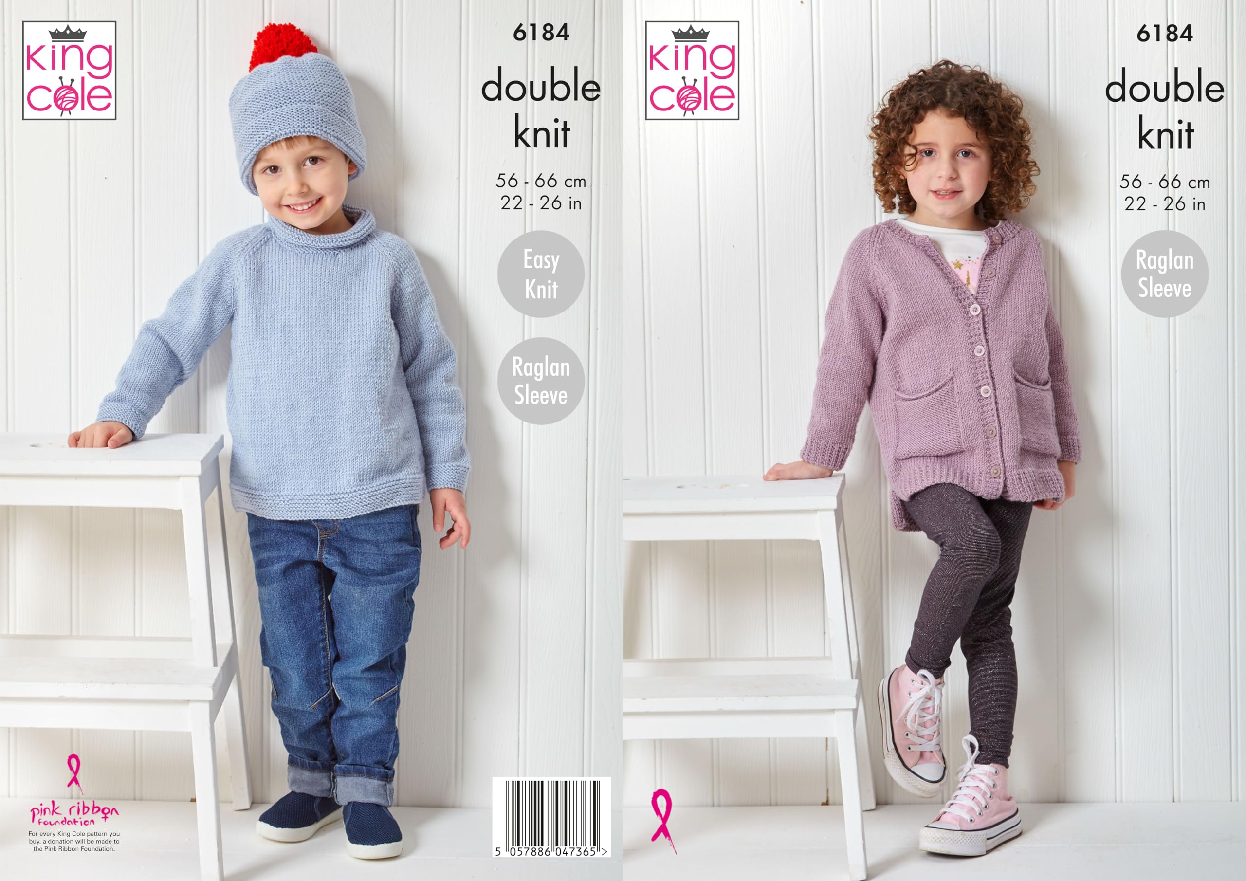King Cole Pattern 6184 - Children's Raglan Sleeve Double Knit Sweater, Cardigan & Hat | Sizes 22”-26” 1