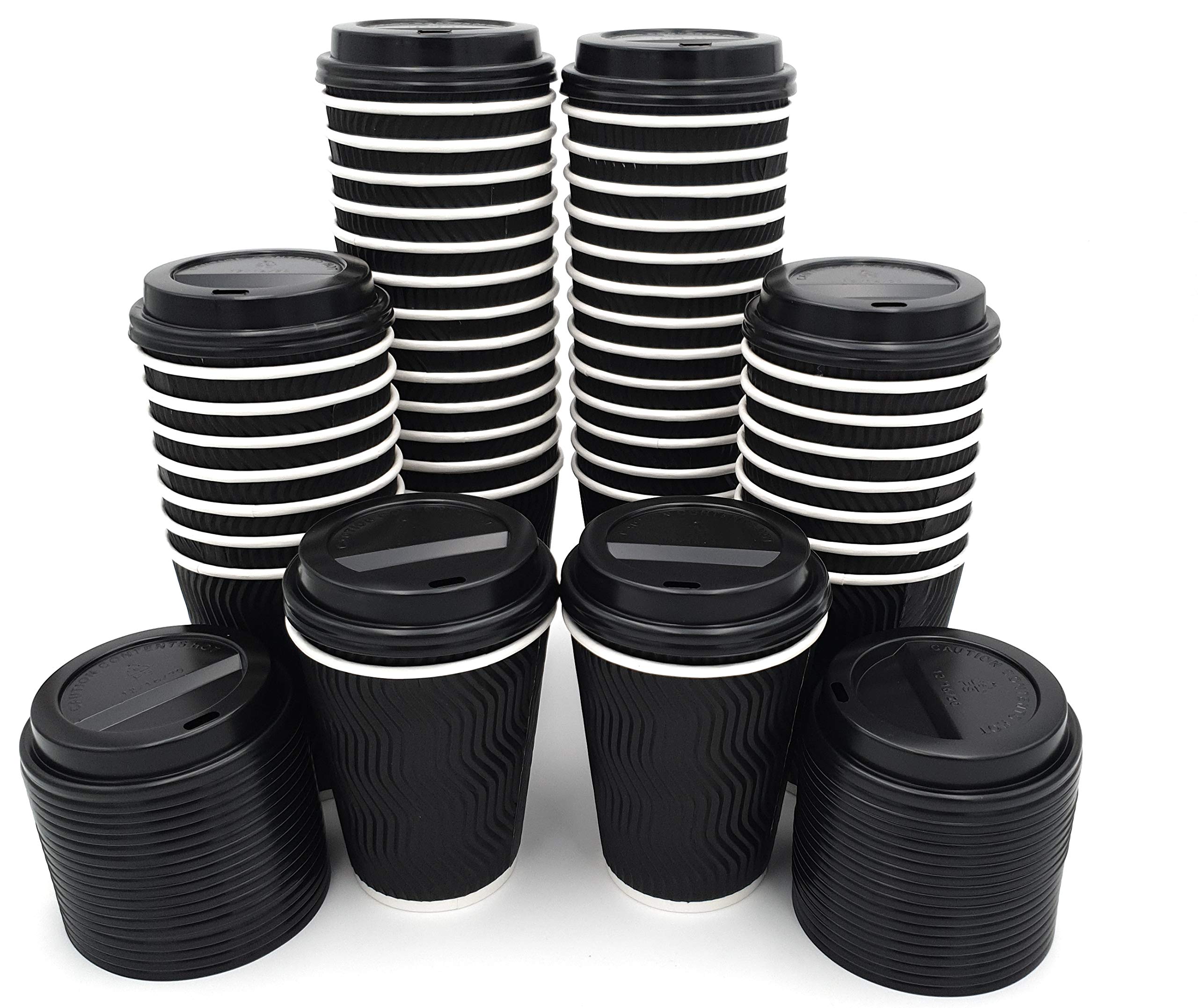 Zuvo Triple Wall Insulated Coffee Cups with Lids - 50 Pack, 12 Oz, Black Kraft Paper 9