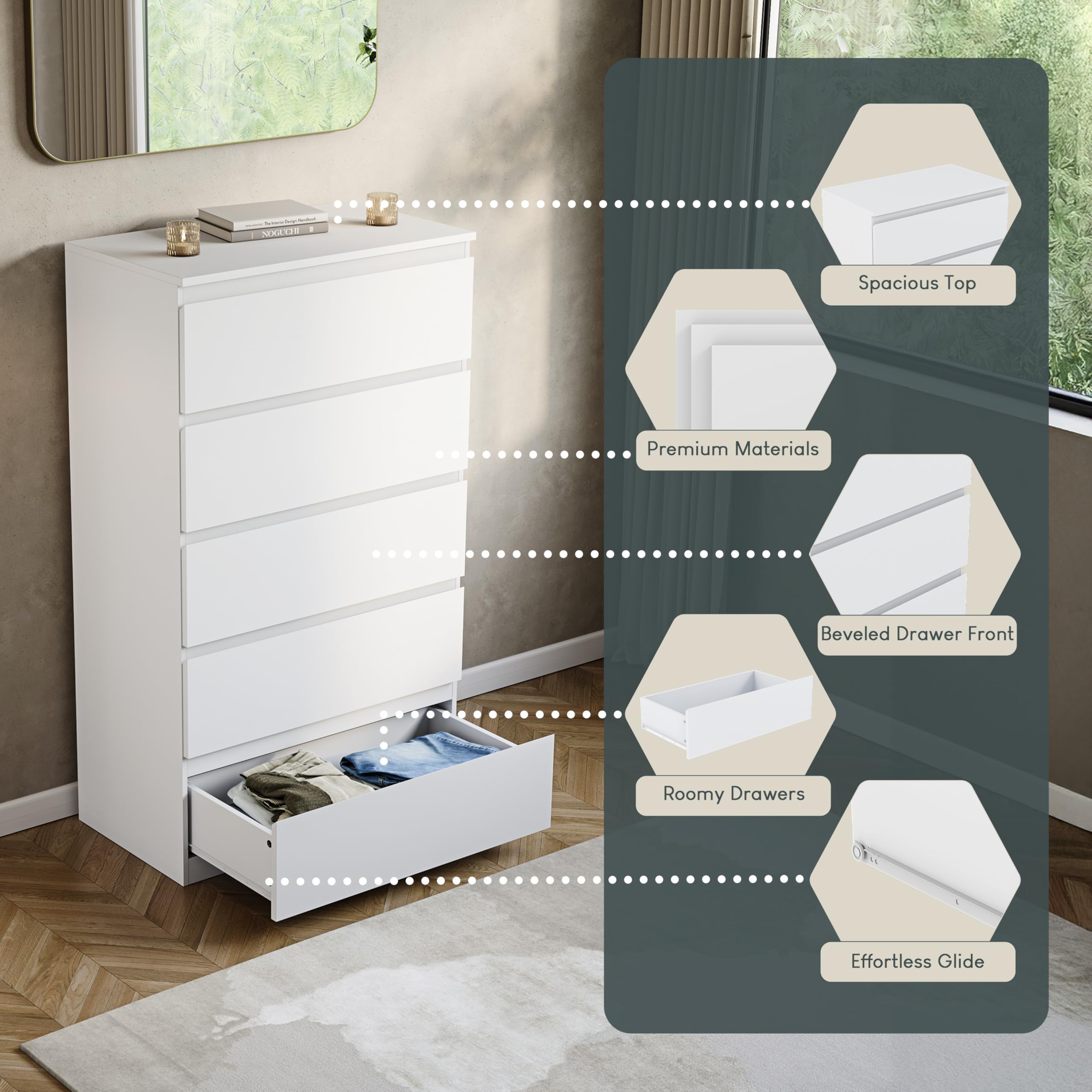 Vida Designs Denver 5 Drawer Chest of Drawers - White | 40D x 70W x 112H cm 5
