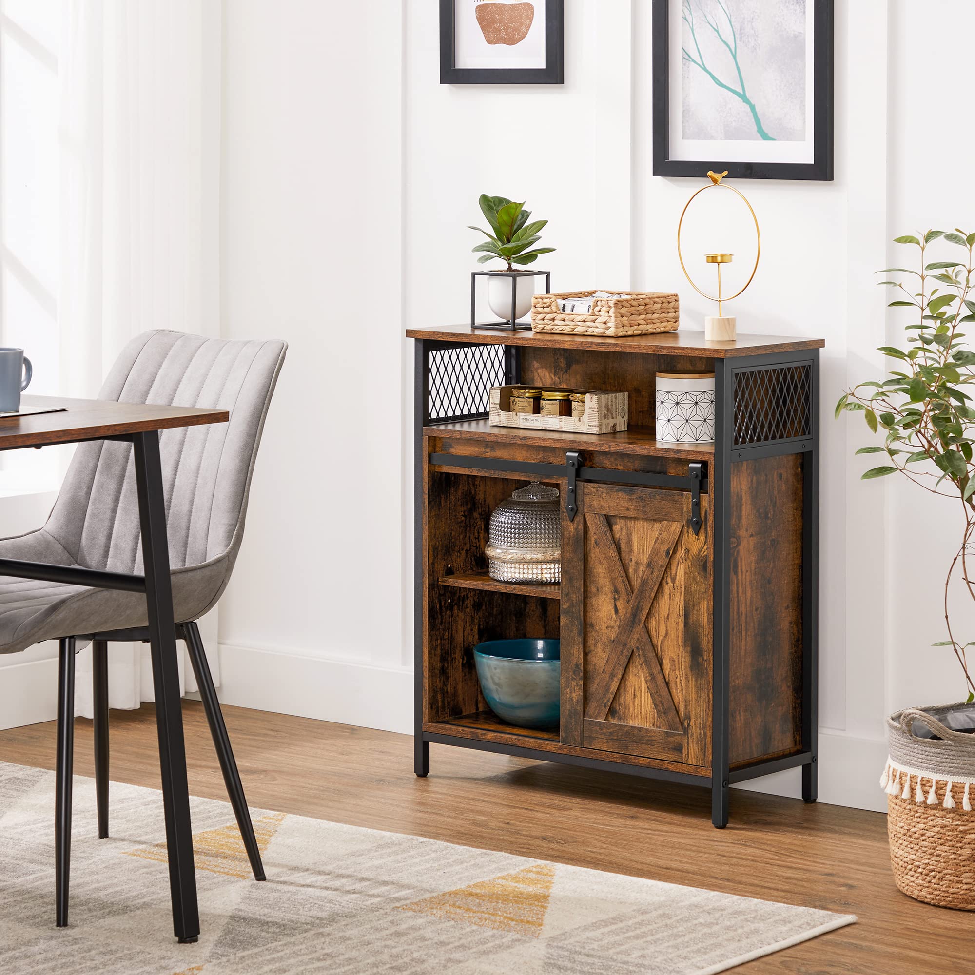 VASAGLE Industrial Style Sideboard Storage Cabinet with Sliding Barn Door | Rustic Brown & Black | 70x30x80 cm 8