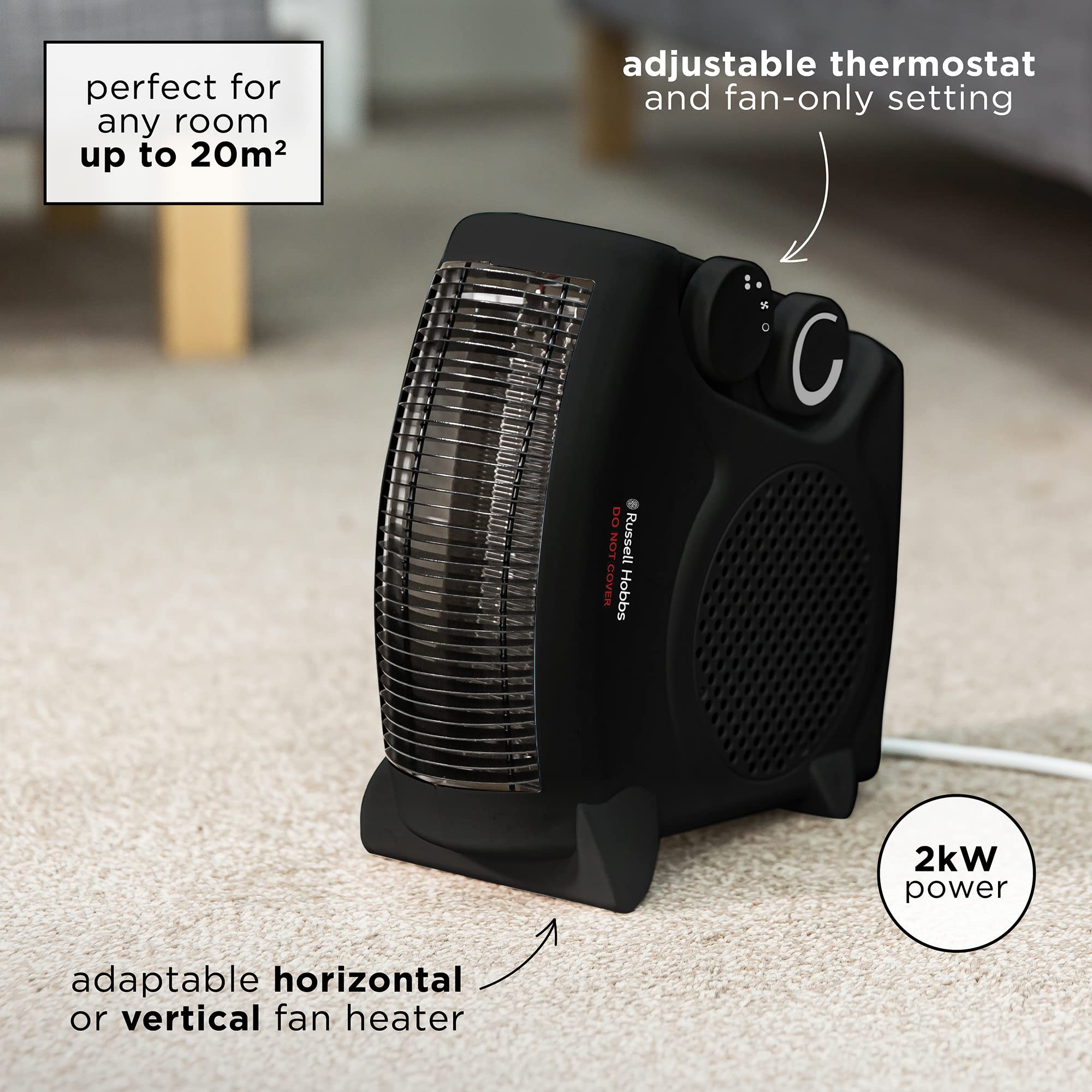 Russell Hobbs RHFH1005B 2000W Portable Electric Fan Heater | 2 Heat Settings | Up to 20m² Room Size 3