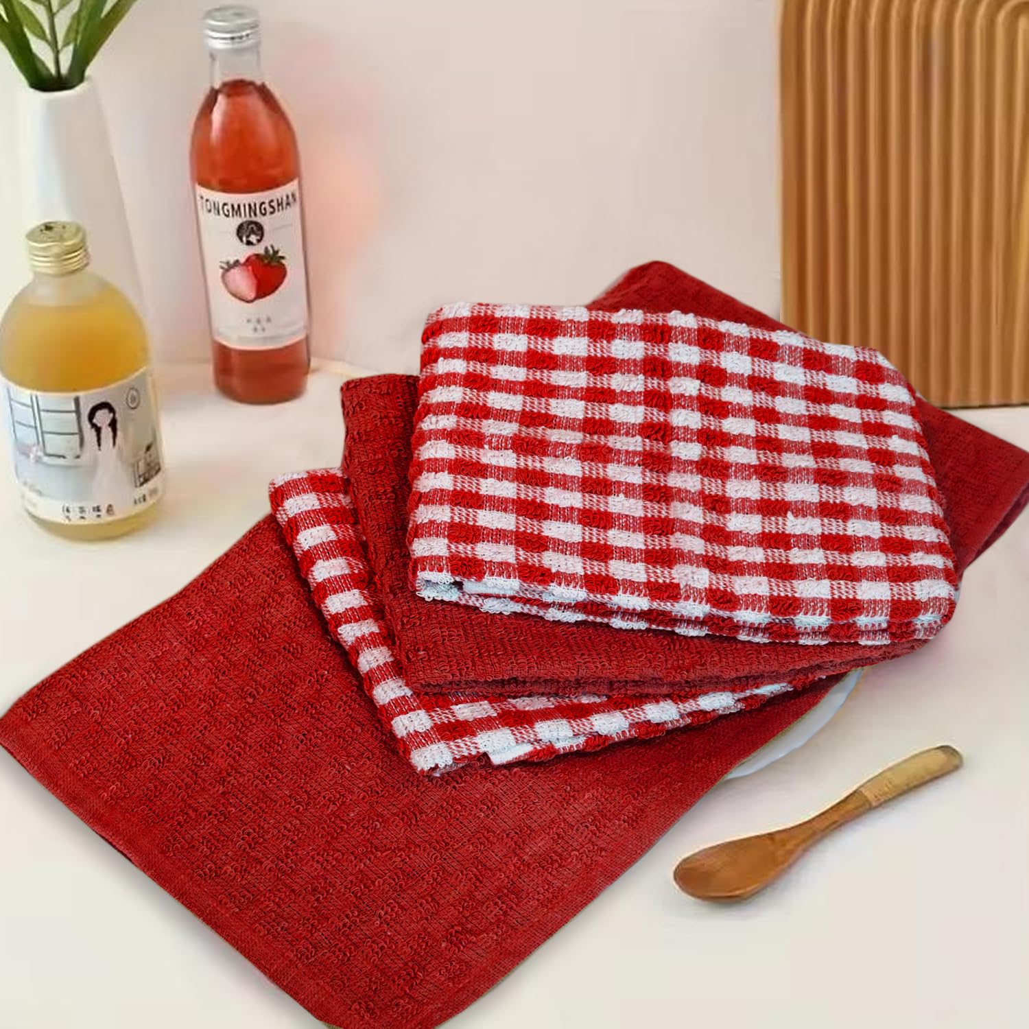 Casabella Pack of 6 Terry Cotton Kitchen Tea Towels - Highly Absorbent Dish & Bar Towels | Red 4