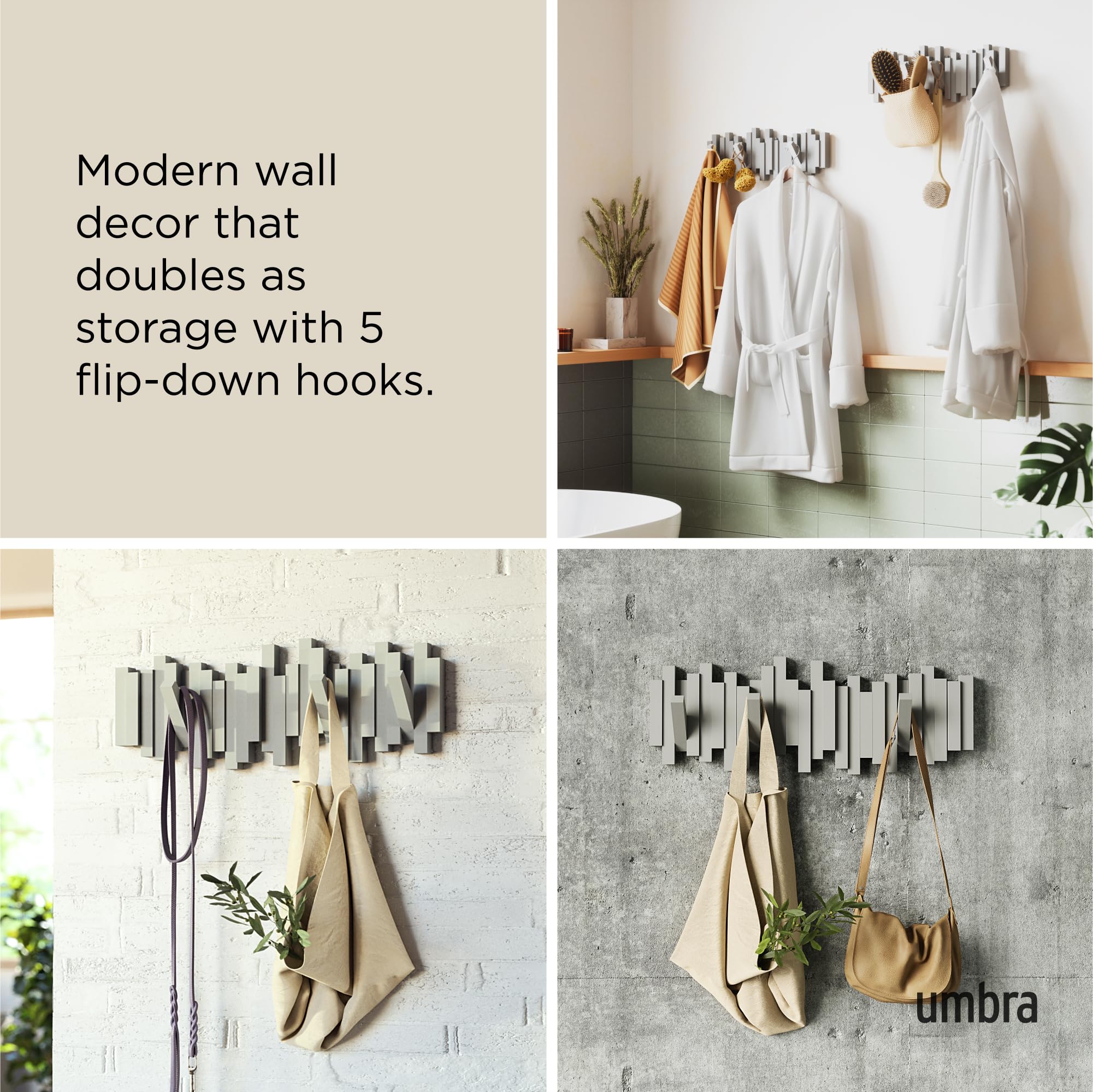 Umbra Sticks Wall-Mounted Coat Rack Rail Hook - 5 Retractable Pegs | Grey Plastic | Modern Design 4