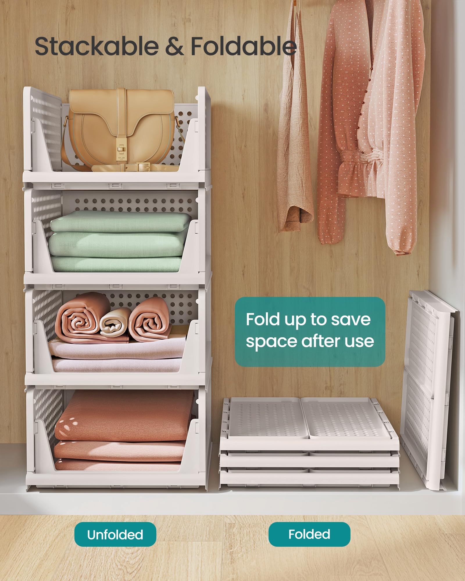 SONGMICS Stackable Wardrobe Storage - Set of 8 Foldable Closet Organisers | PP Plastic | White 4