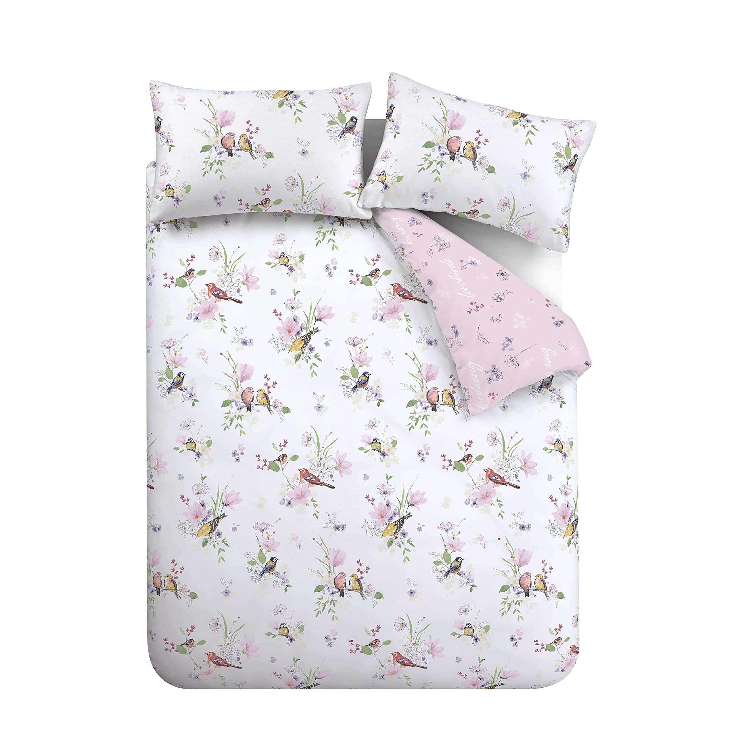 Catherine Lansfield Songbird King Duvet Cover Set with 2 Pillowcases Pink Polycotton 5