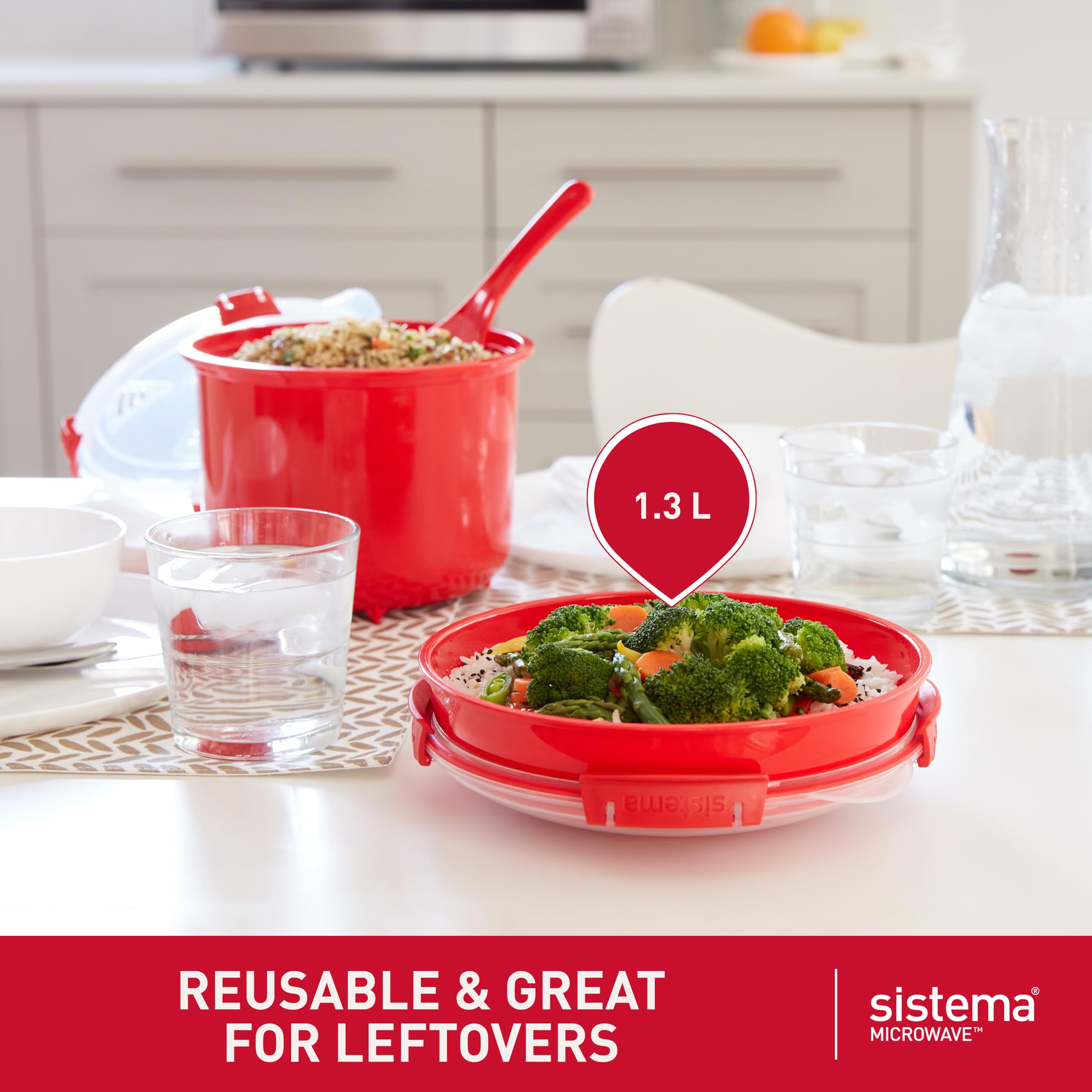Sistema Round Microwave Container - 1.3L Capacity | Steam Release Vent | Red Plastic | 1 Count 5