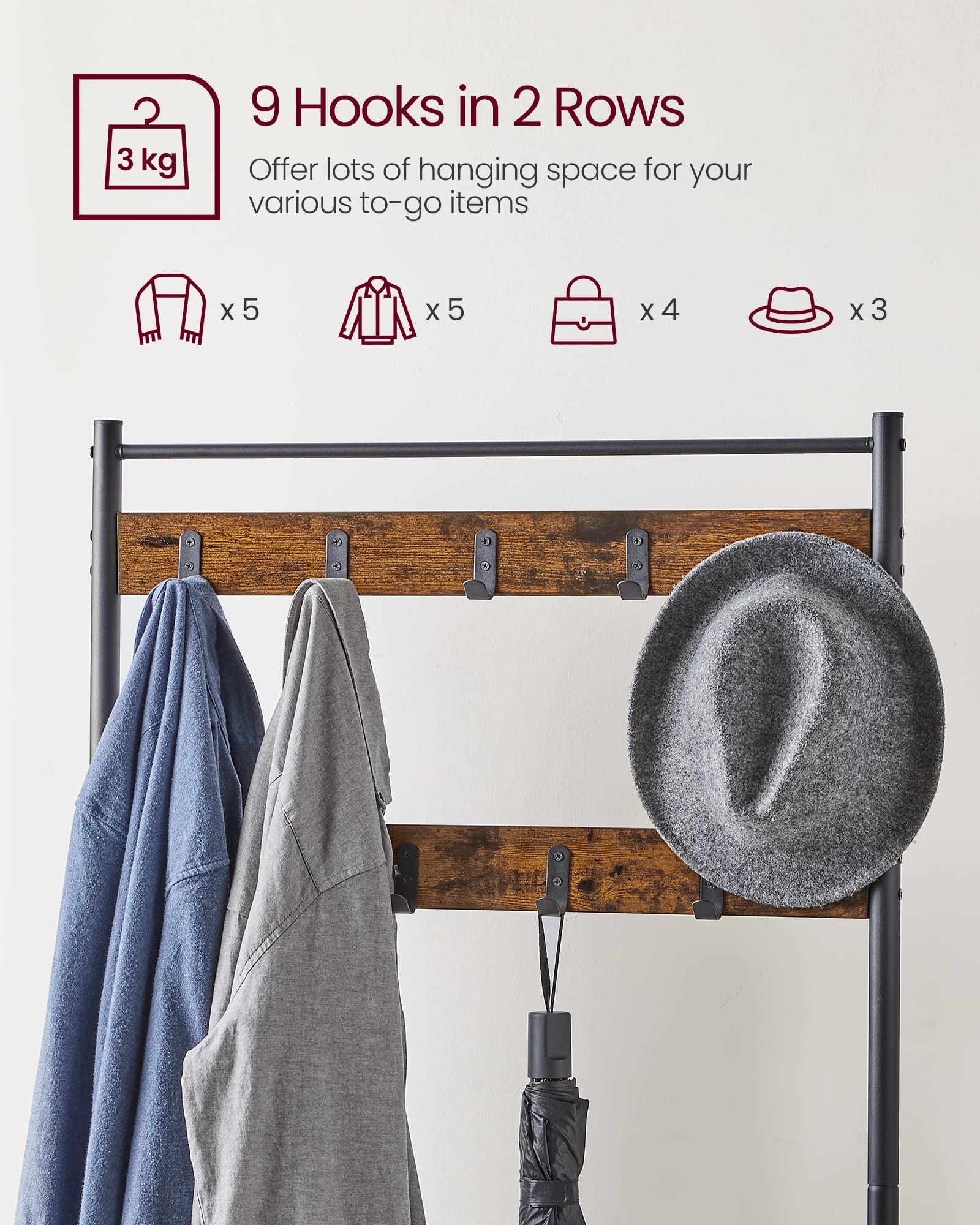VASAGLE Hallway Coat Rack with Bench and Shoe Storage | 9 Hooks | Rustic Brown + Black 4