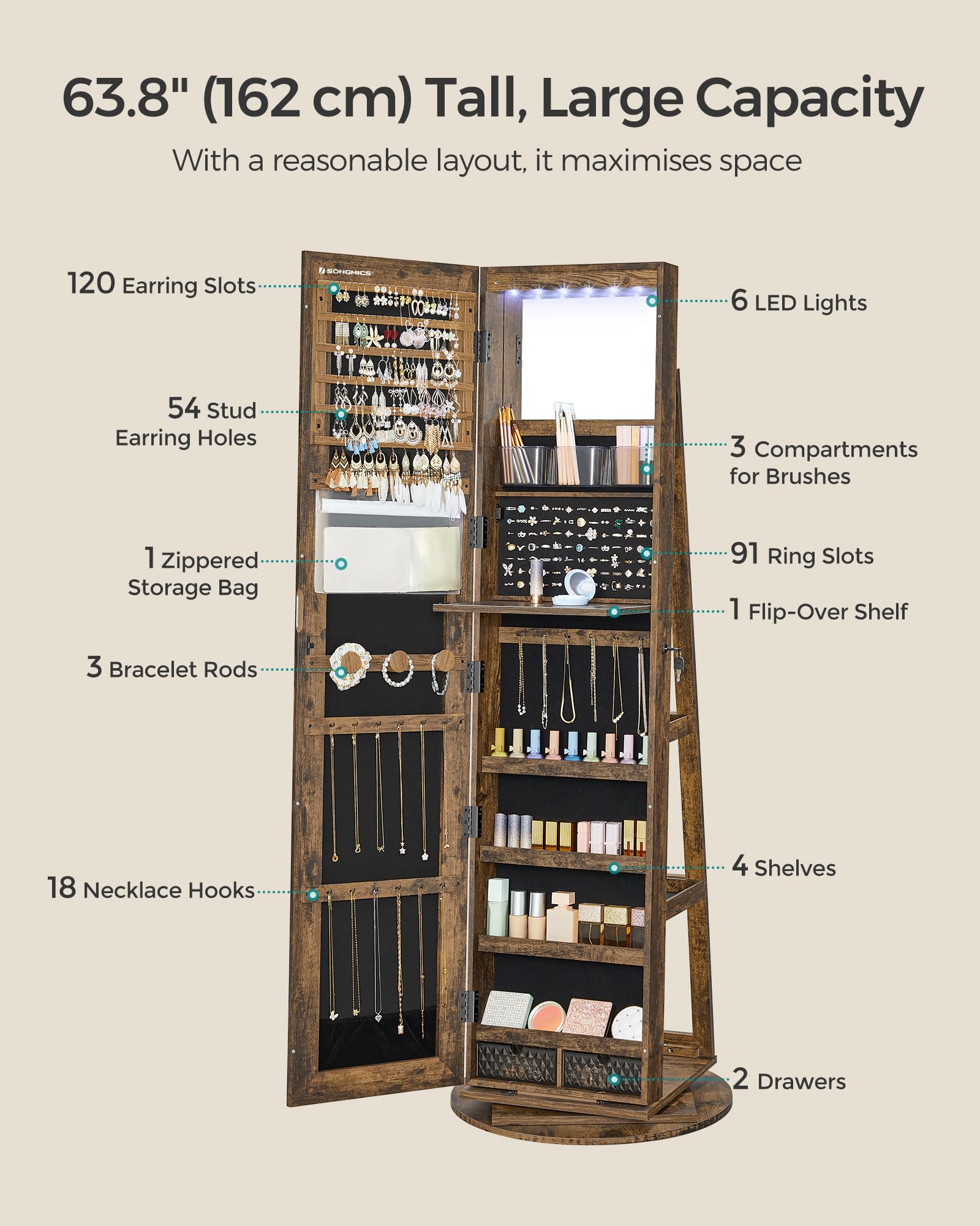 SONGMICS Lockable Full-Length Mirror Jewellery Cabinet - 6 LEDs, 360° Swivel, Rustic Brown | 54.5 x 162 cm 4