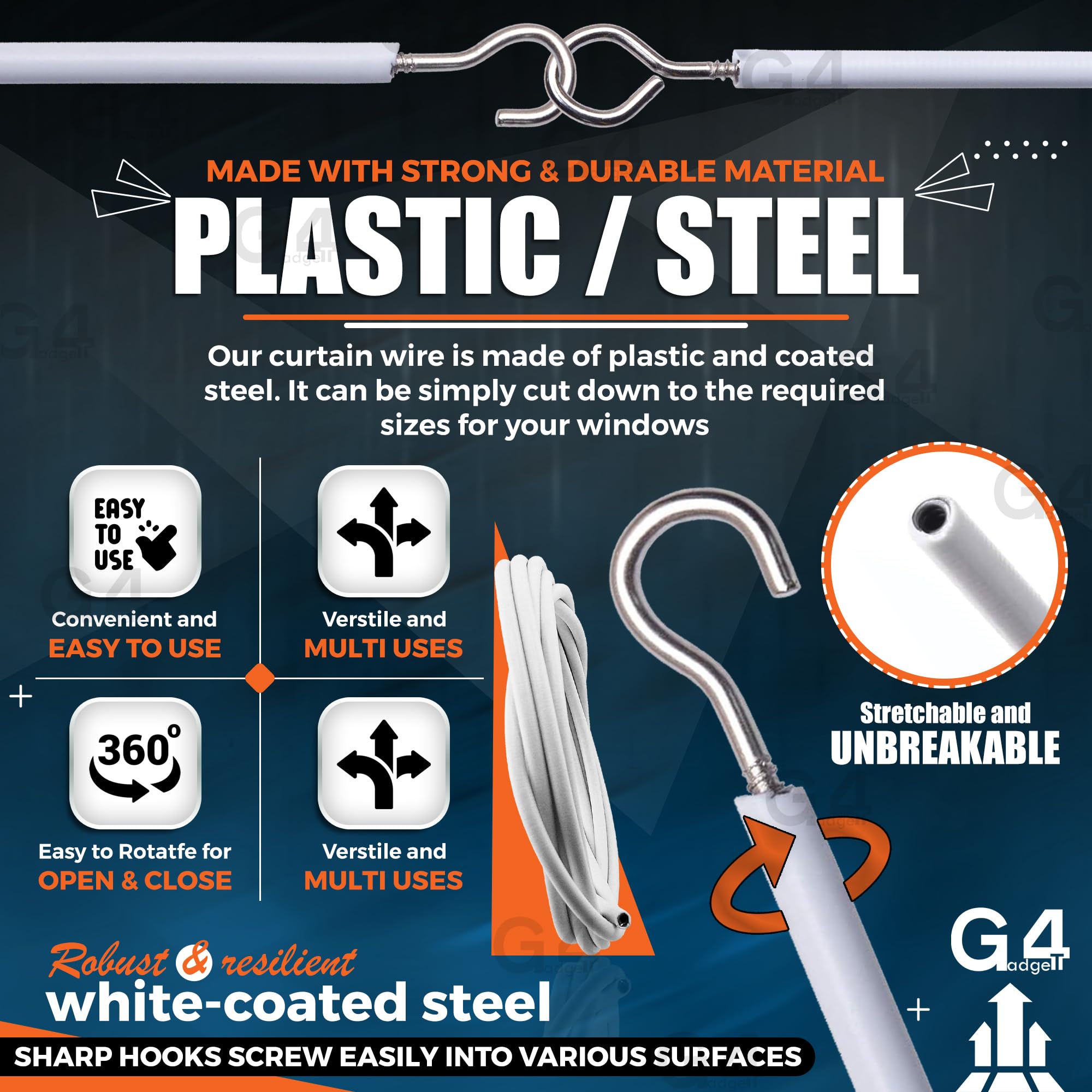 G4GADGET 3M Net Curtain Wire with 8 Hooks & 8 Eyes | Alloy Steel | White 5