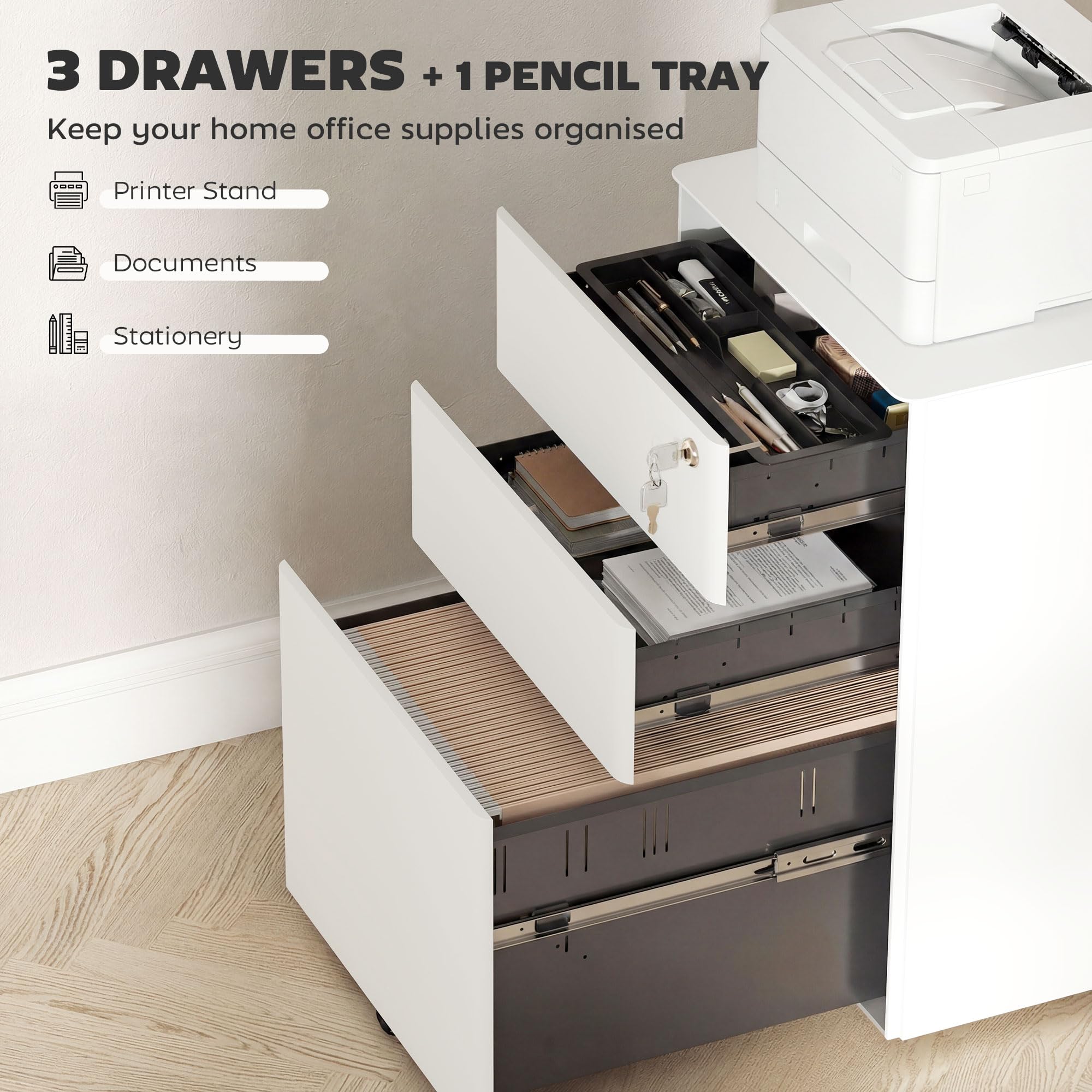 Vinsetto 3-Drawer Mobile File Cabinet - Steel, Lockable, A4/Legal/Letter Support | White 4