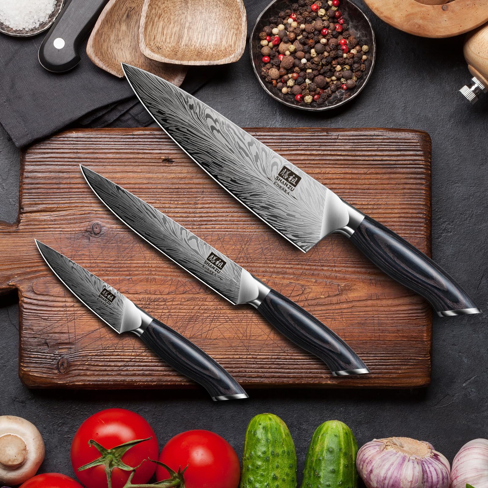 SHAN ZU 3 Piece Kitchen Knife Set - High Carbon Powder Steel, 63 HRC Hardness, 12° Blade Angle 7
