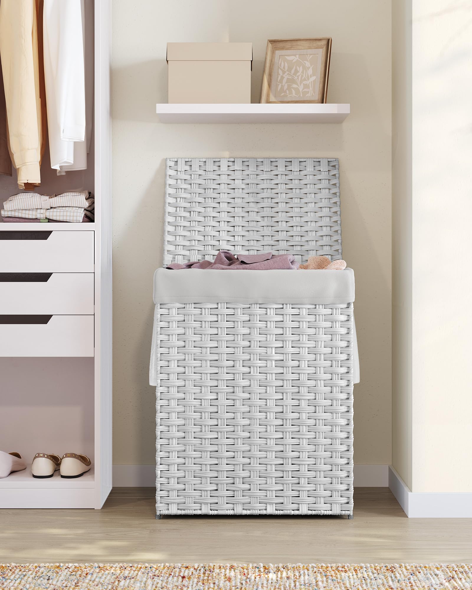 SONGMICS Handwoven Laundry Basket - 90L Capacity, Foldable, White Synthetic Rattan Hamper with Lid 9