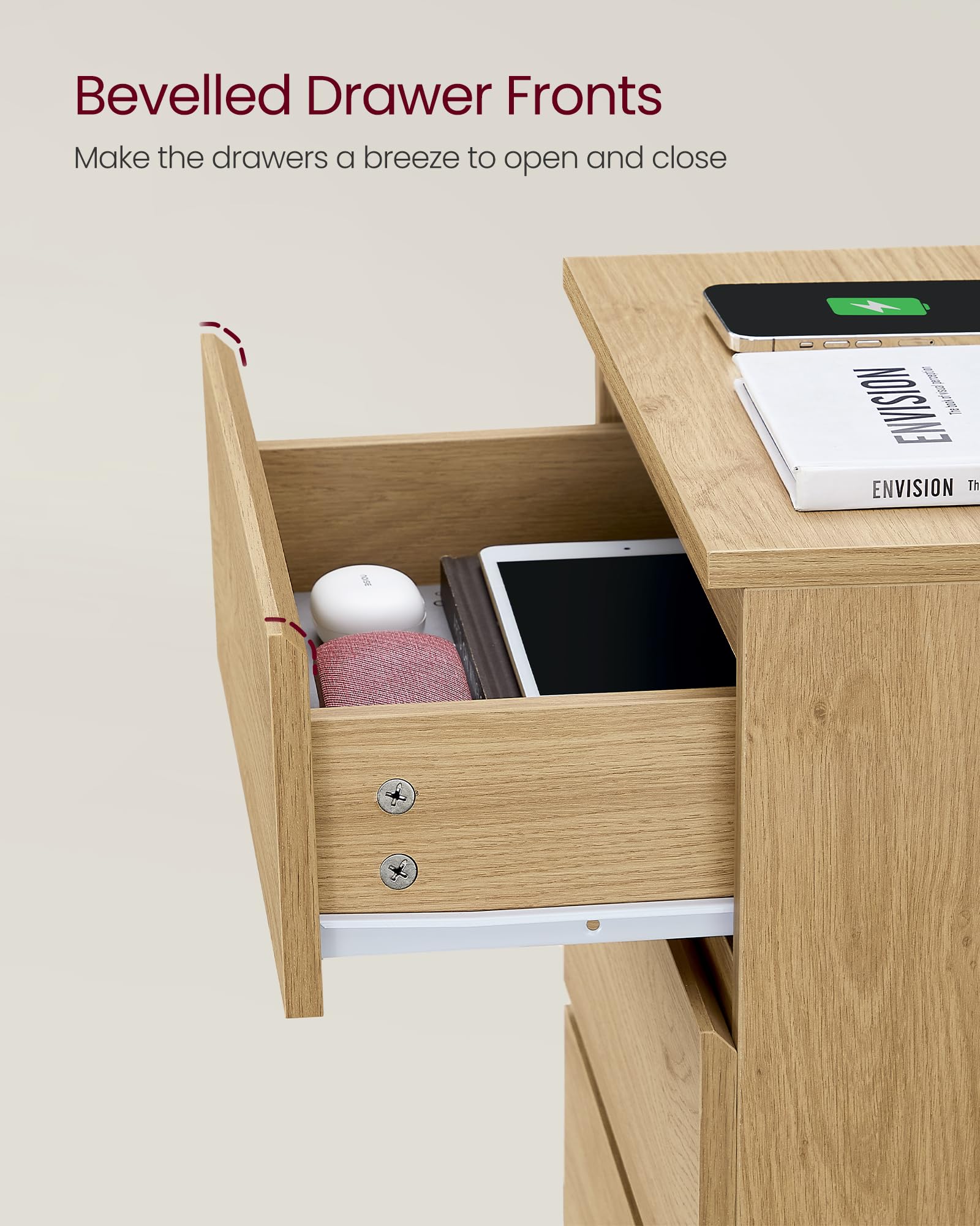 VASAGLE KAILYN Collection Bedside Table with Power Strip | 2 AC Outlets, 2 USB Ports | Straw Yellow 6