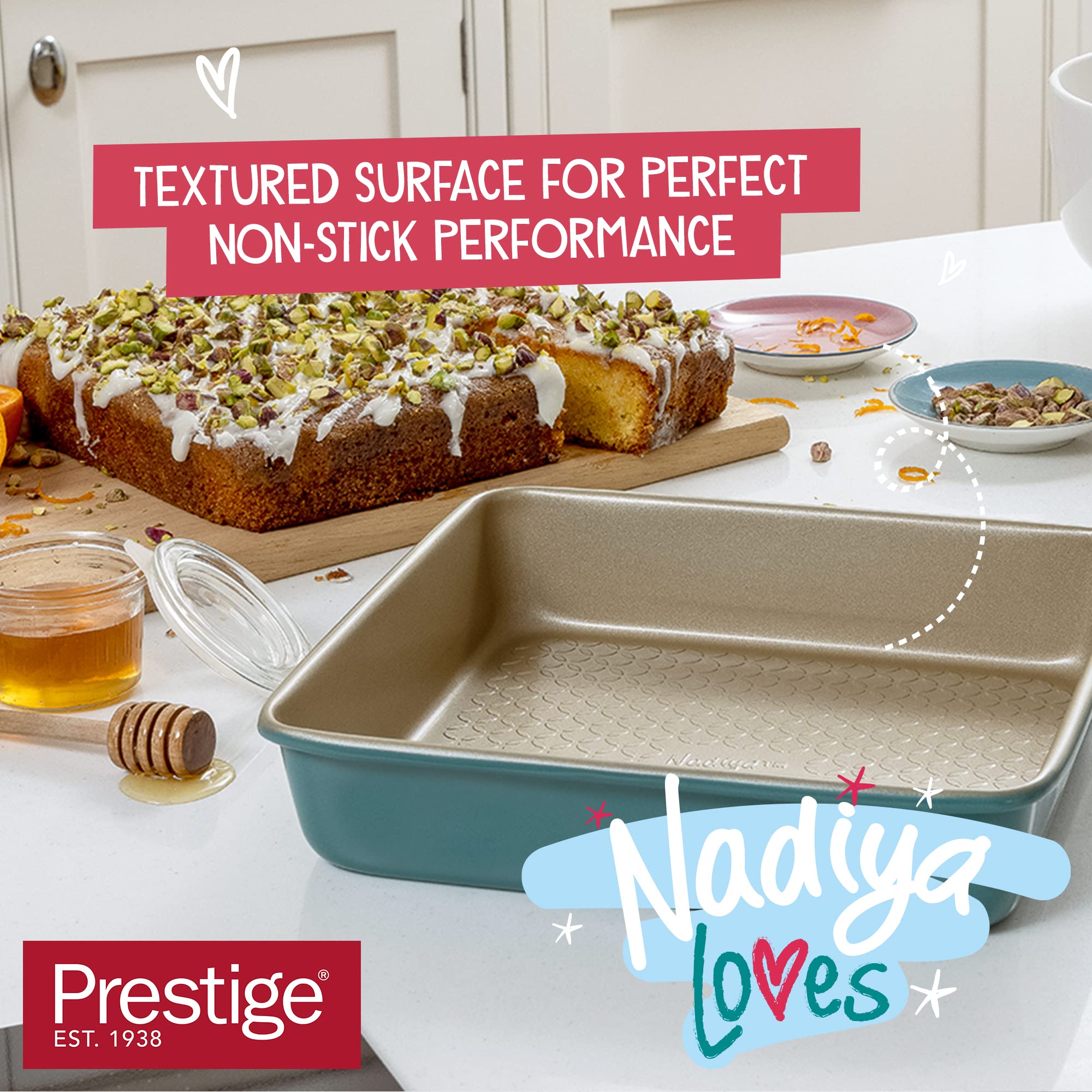 Prestige x Nadiya Square Cake Tin for Baking - 9 Inch, Non-Stick Carbon Steel, Teal & Gold 6