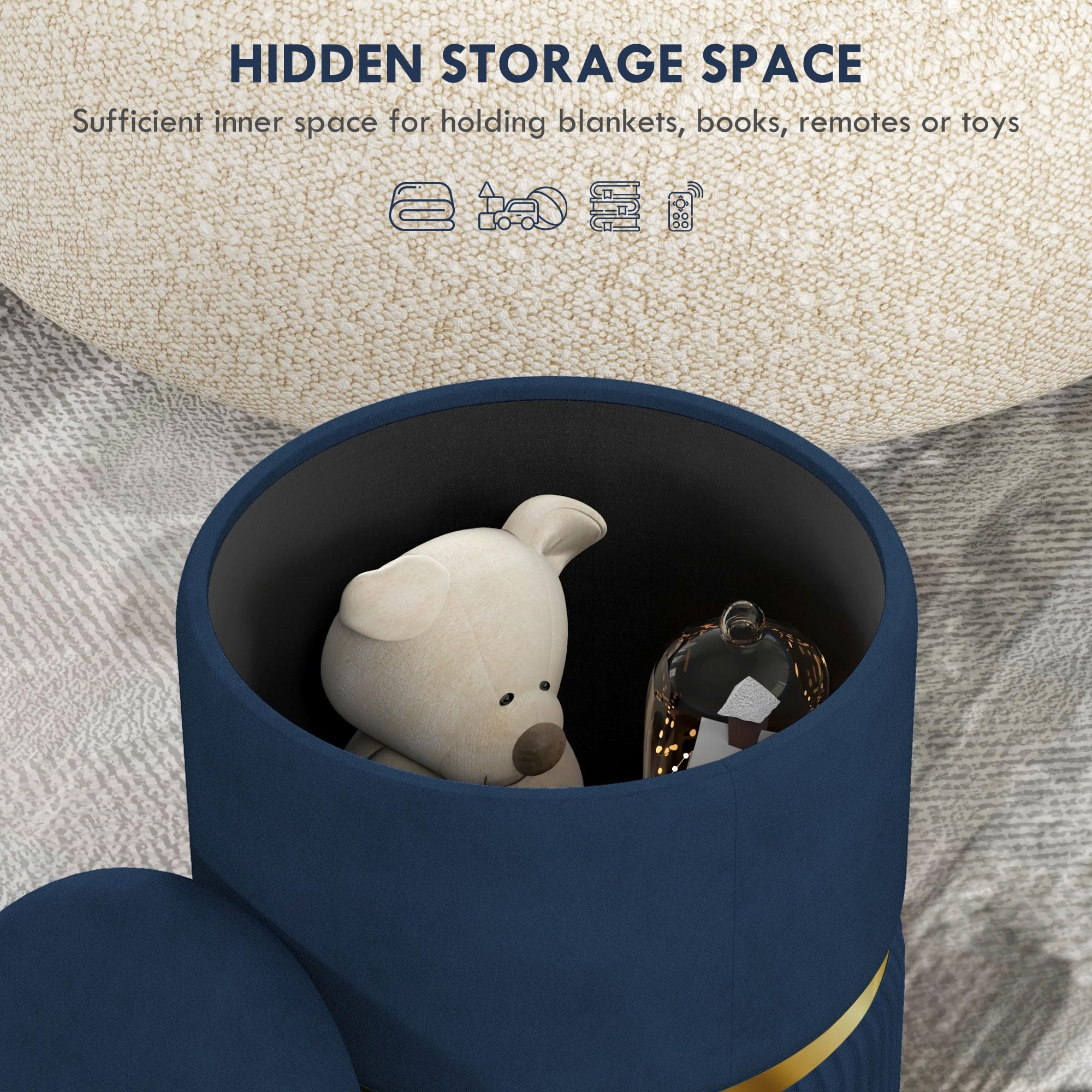 HOMCOM Round Storage Ottoman - Dark Blue Velvet-Feel Fabric | Hidden Storage | 120kg Load 4