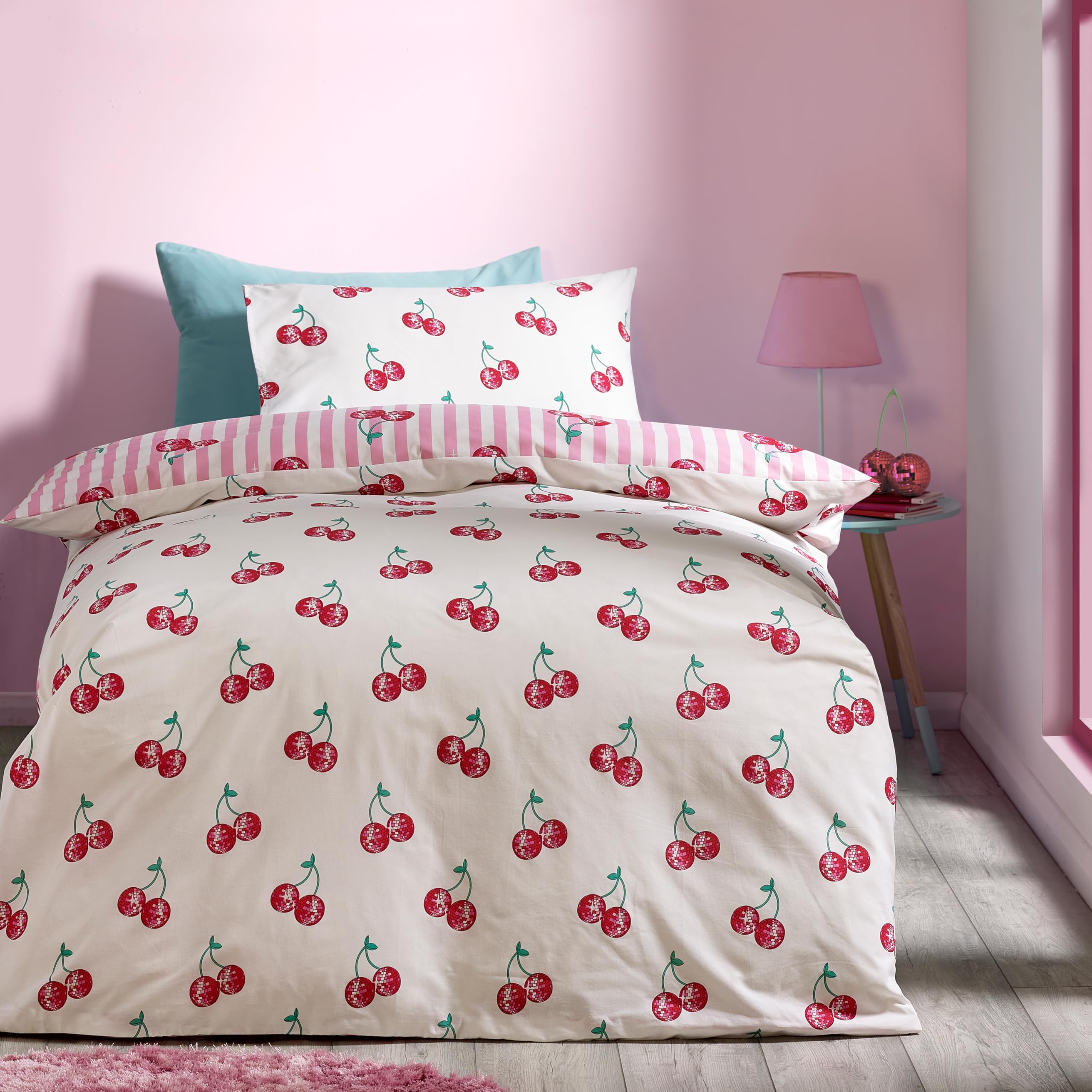 Catherine Lansfield Disco Cherries Stripes Reversible Single Duvet Cover Set | Pink | Polycotton 2
