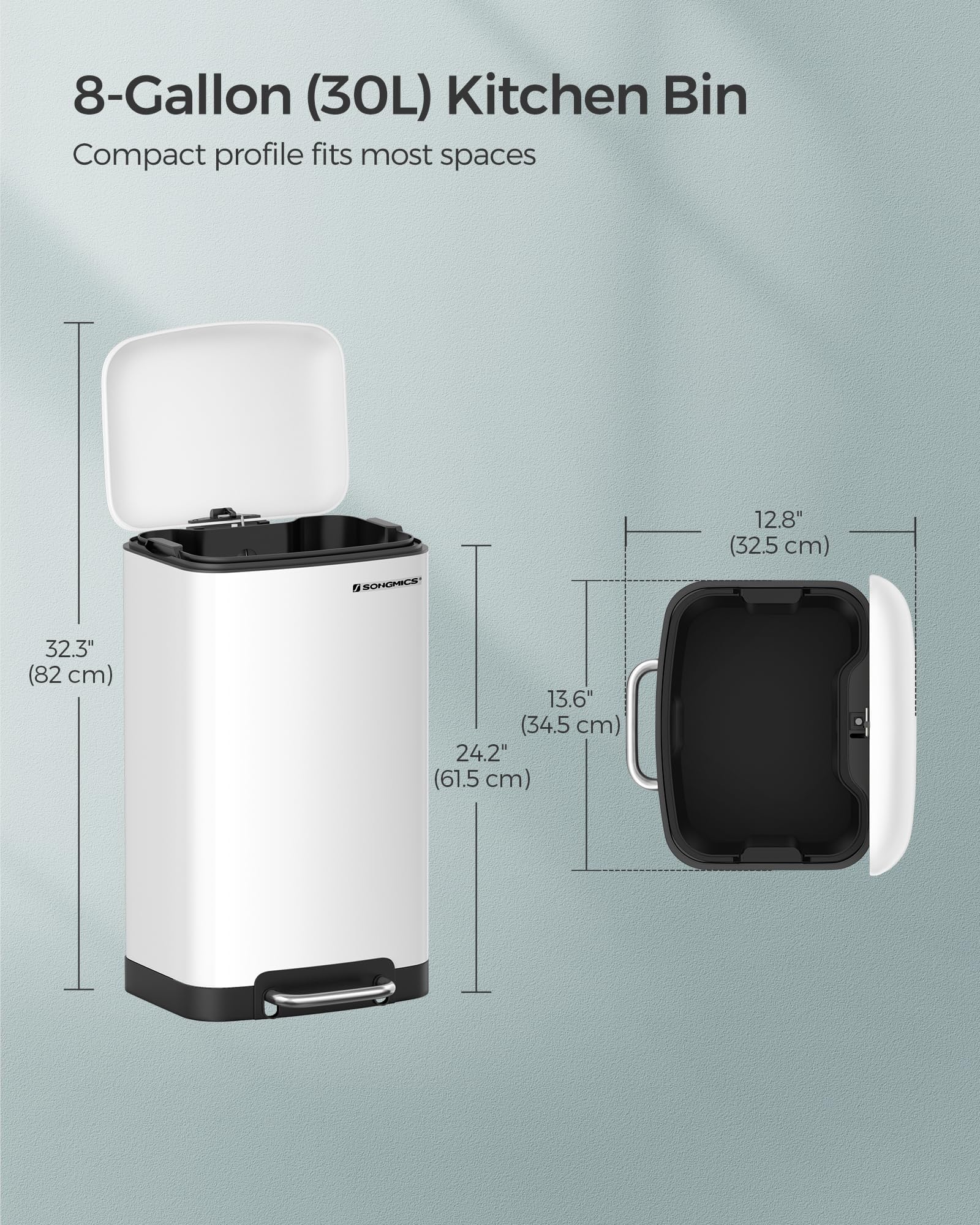 SONGMICS Kitchen Bin - 30L Capacity | Steel Pedal Bin with Soft Close Lid | White 6