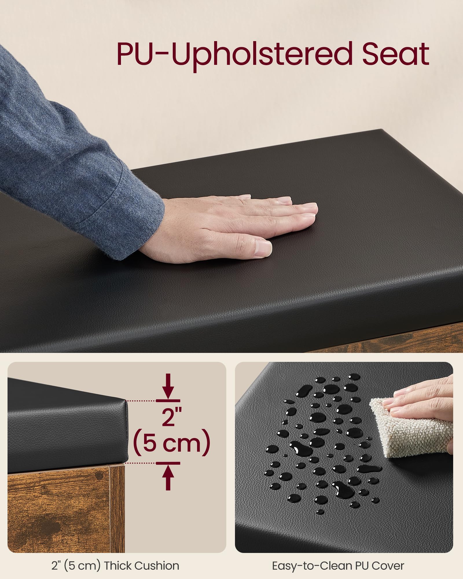 VASAGLE Storage Bench with Padded Seat | 30D x 60W x 44H cm | Rustic Brown 5