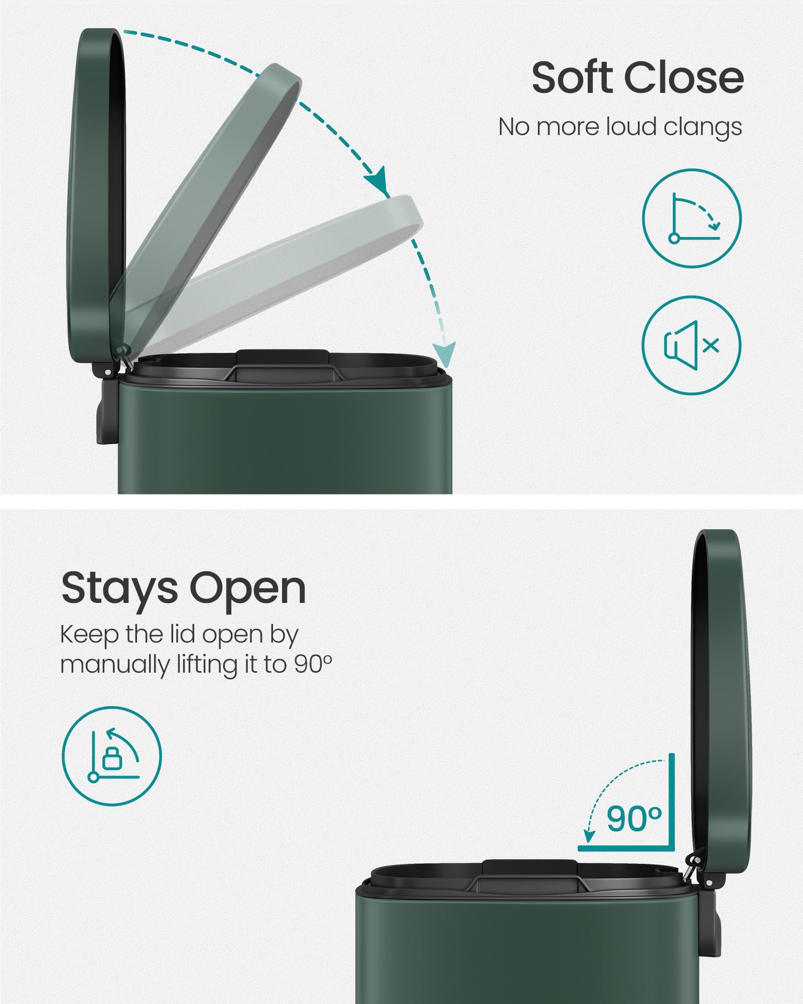 SONGMICS Kitchen Bin - 30L Pedal Rubbish Bin | Soft Close | Retro Green Steel | Inner Bucket 4