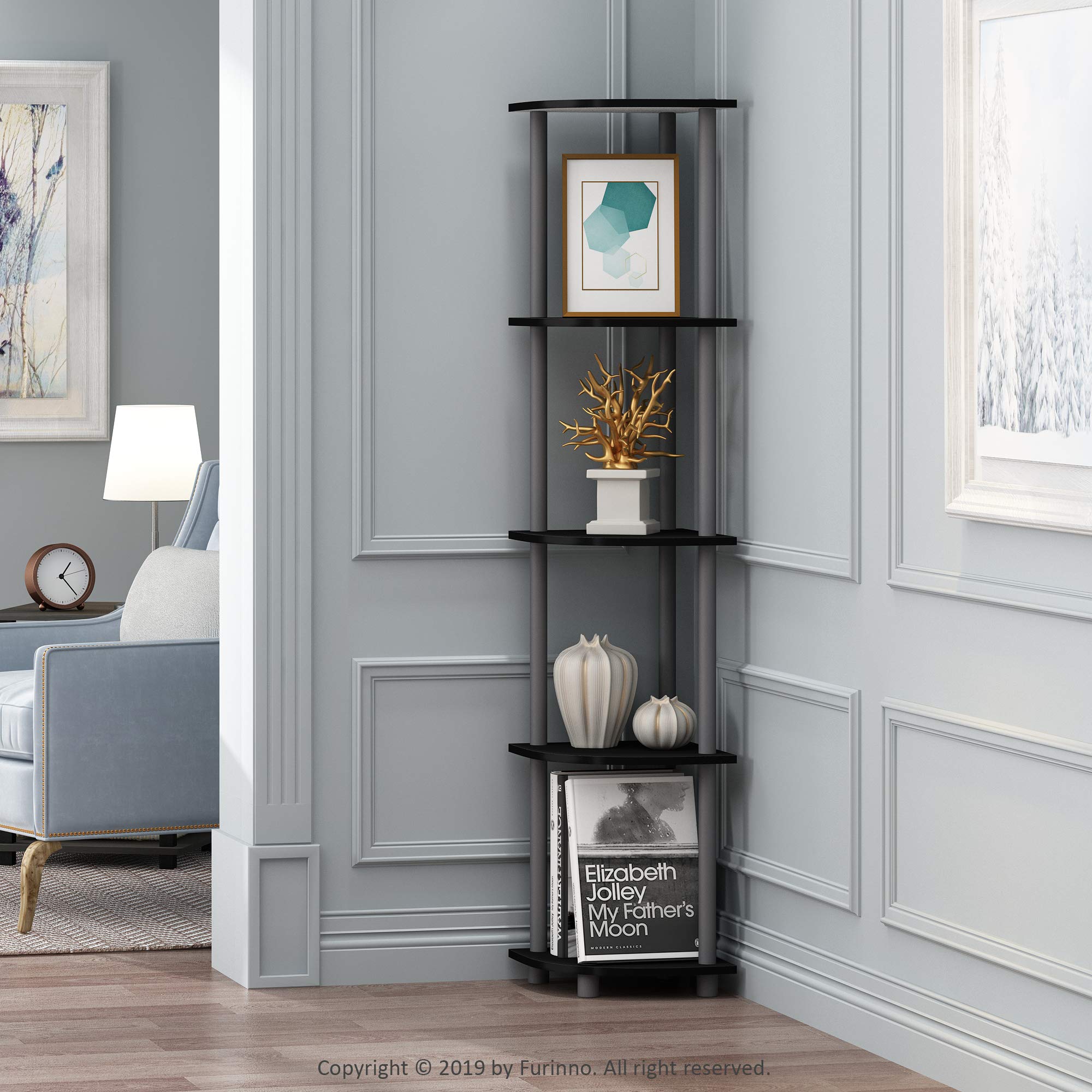 Furinno TURN-N-TUBE 5-Tier Corner Shelf Bookshelf | Black/Grey | Freestanding 2