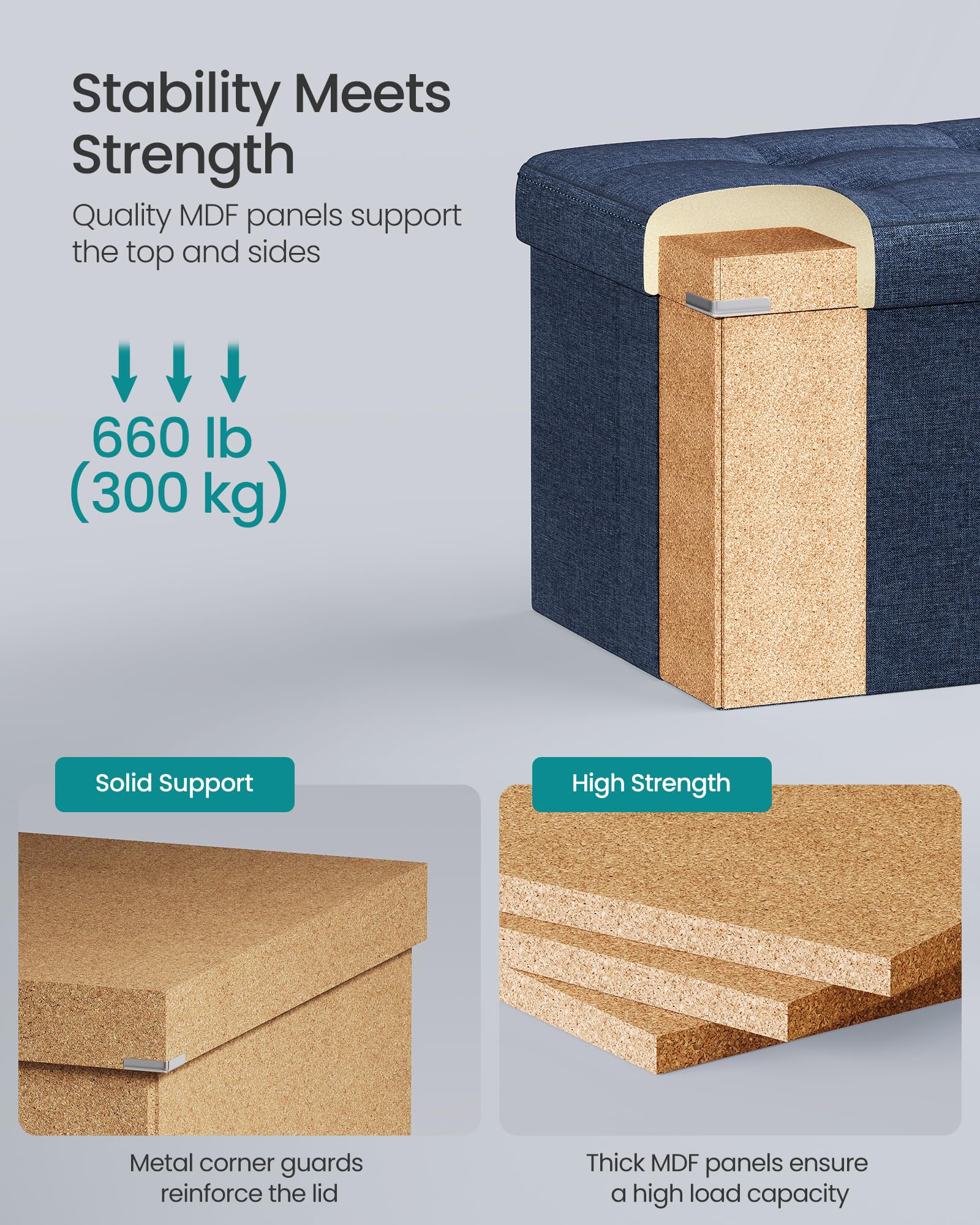 SONGMICS MAZIE Storage Ottoman Bench - 110 cm Folding Foot Rest | Dark Blue | 131L Capacity 4