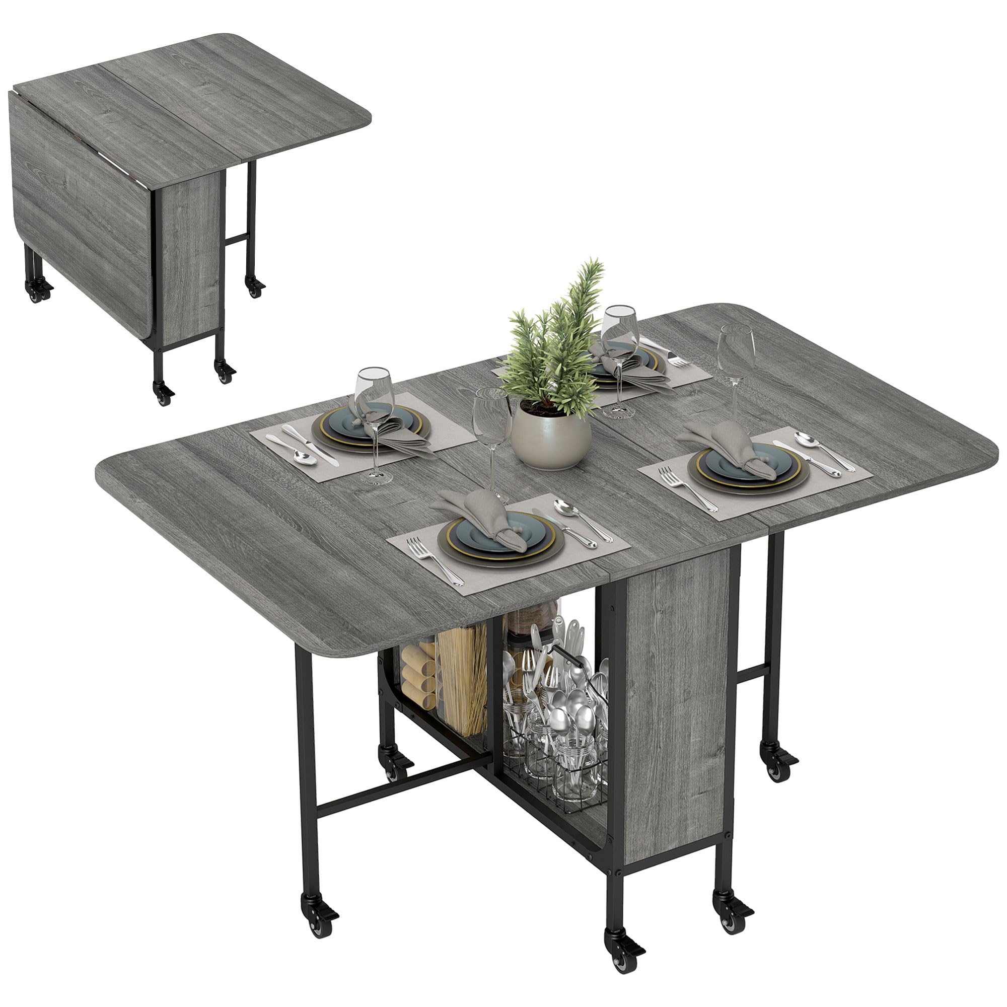 HOMCOM Mobile Drop Leaf Dining Table - Extendable, Foldable, with 6 Wheels & Storage | Grey