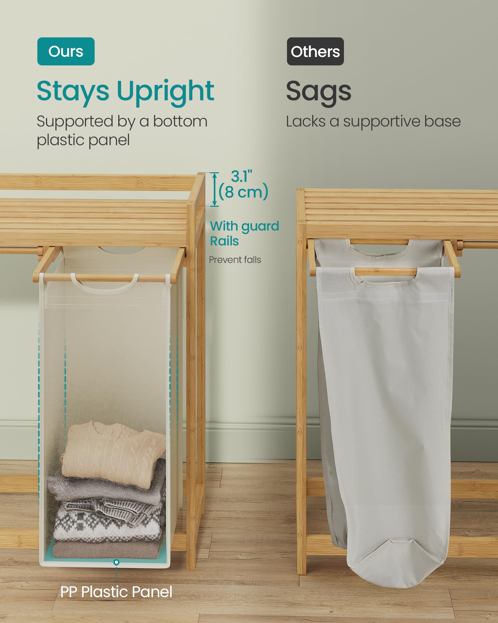 SONGMICS Bamboo Laundry Basket with 2 Compartments - 100 L Capacity | Cream White | RLH100W01 5