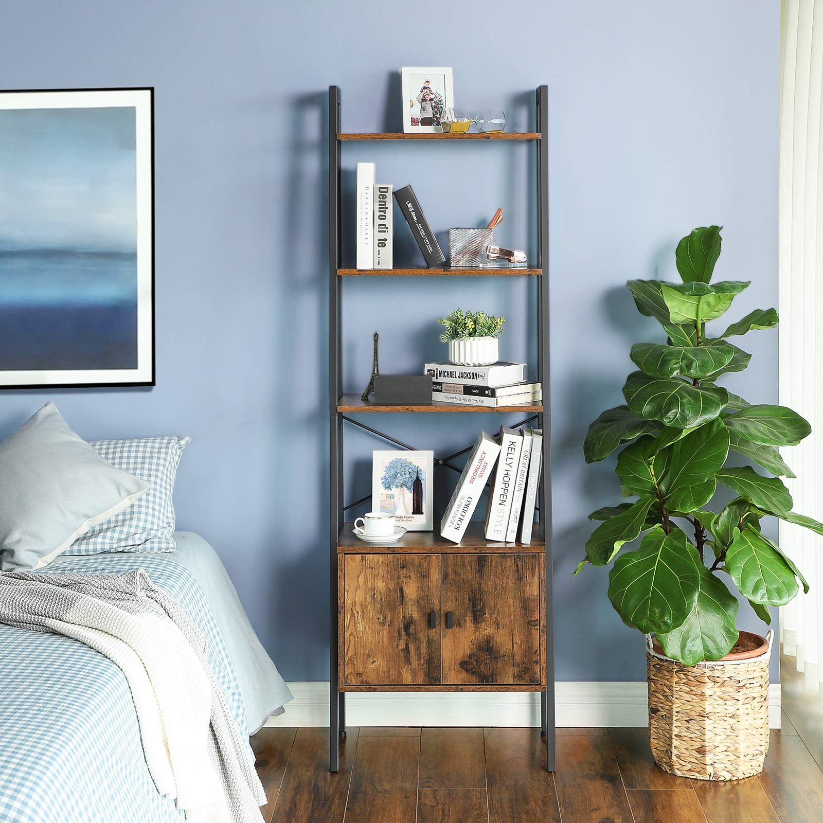 VASAGLE Shelf Ladder Bookcase - 4 Tiers with Cupboard | Industrial Style | Rustic Brown 7