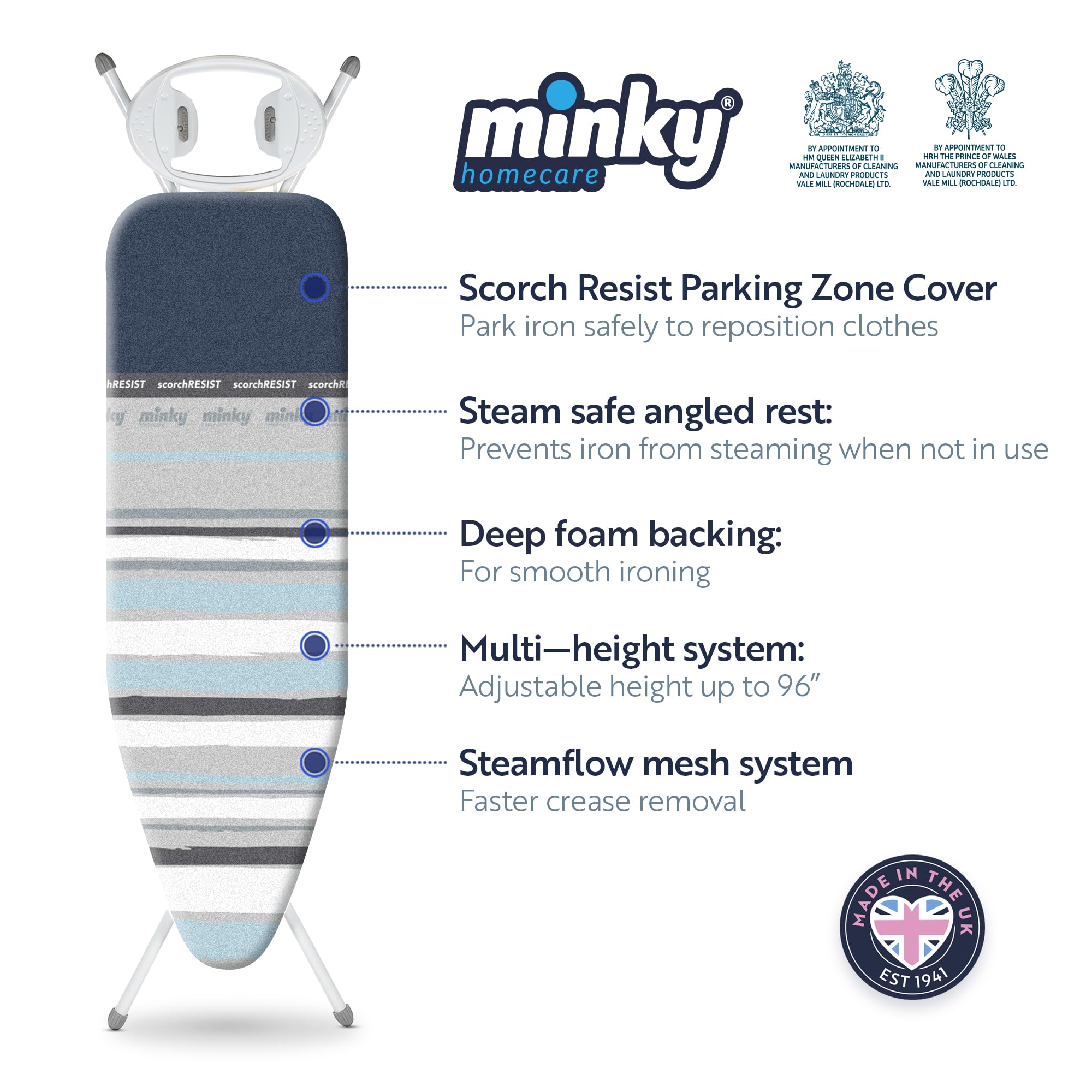 Minky Large Premium Ironing Board - 122 x 38cm Surface | Multi-Height up to 96cm | UK Made