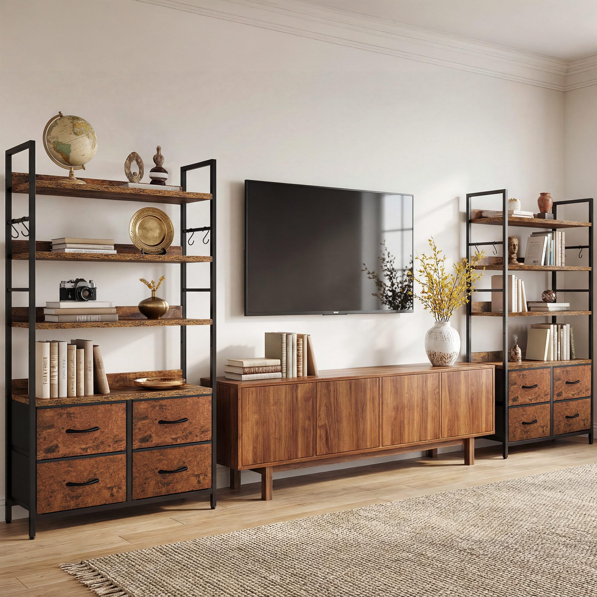 YITAHOME Industrial Bookshelf - 4-Tier with Adjustable Shelves & Drawers | Rustic Brown 3