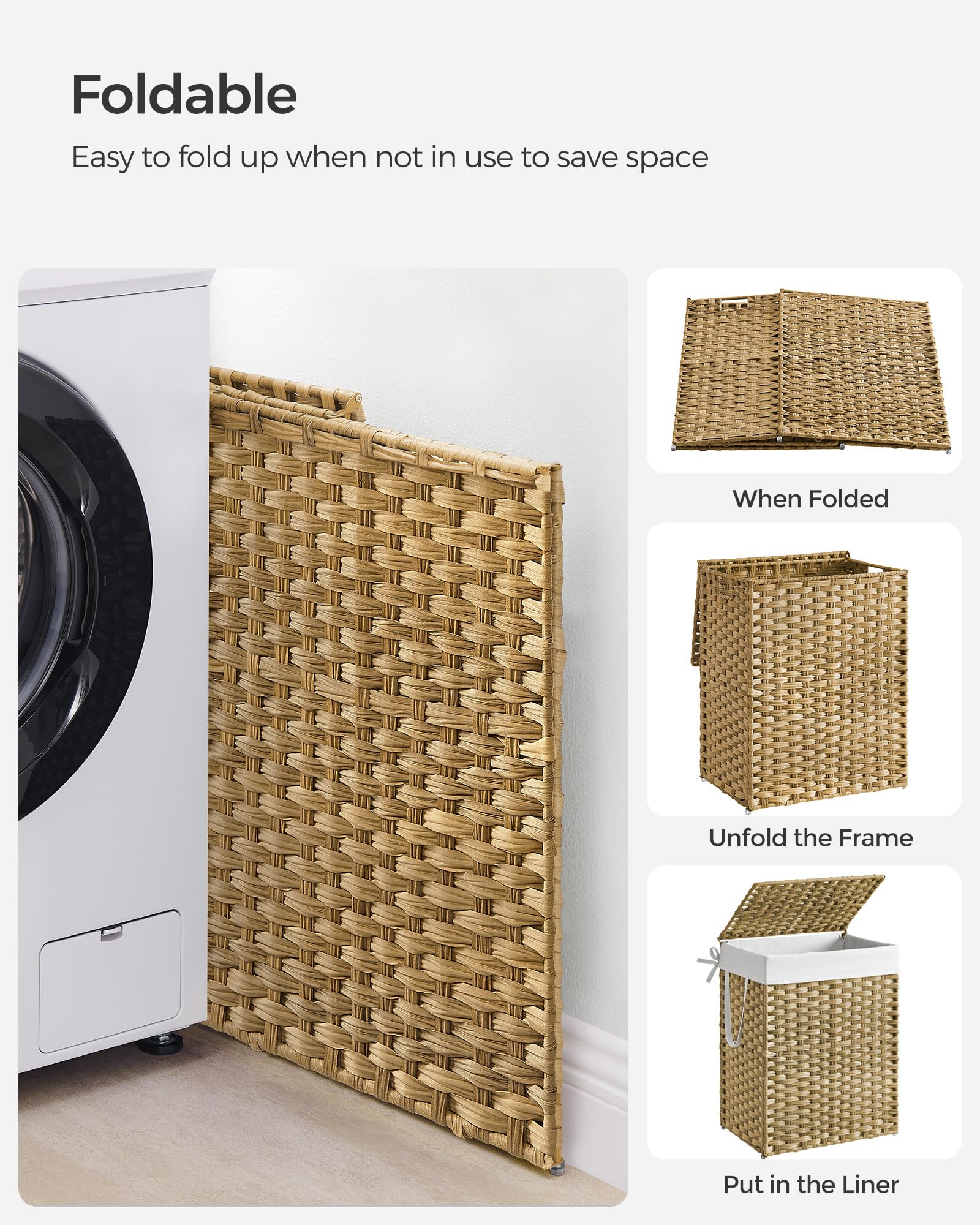 SONGMICS 90L Synthetic Rattan Laundry Basket with Lid and Handles | Foldable | Natural Colour 8