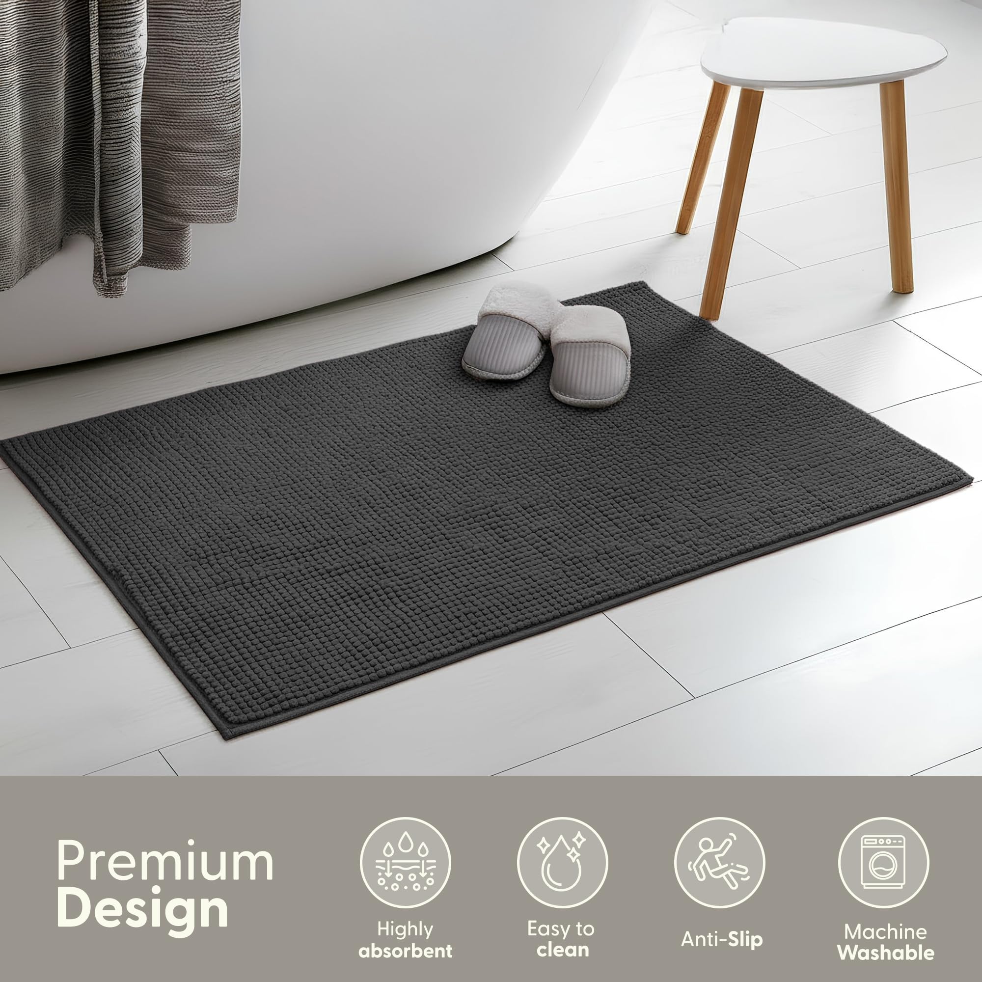 KEPLIN Non-Slip Microfibre Bath Mat - Soft Chenille, Quick-Dry, Grey | 50 x 80 cm 4