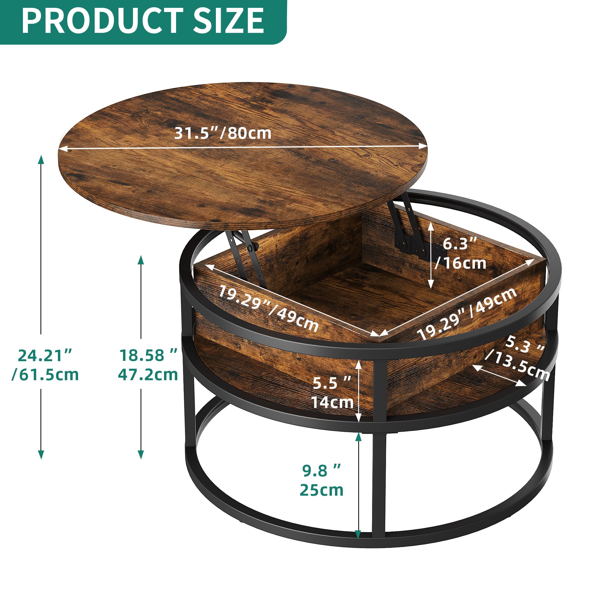 YITAHOME Round Lift Top Coffee Table - Storage, Modern Style, Brown | 80x80x47cm 3