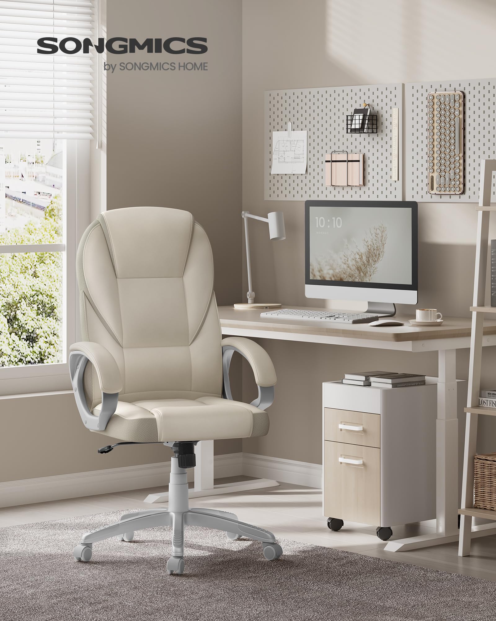 SONGMICS Ergonomic Swivel Desk Chair - Adjustable Height, Silent Castors, Cream White | OBG022W11