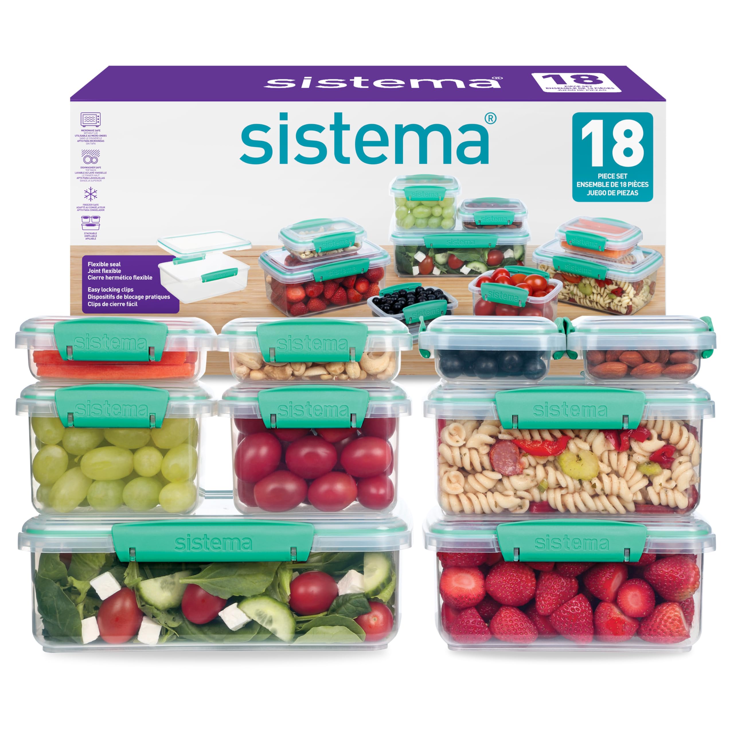Sistema KLIP IT Food Storage Containers - 18 Count Airtight & Stackable Set | Teal Plastic