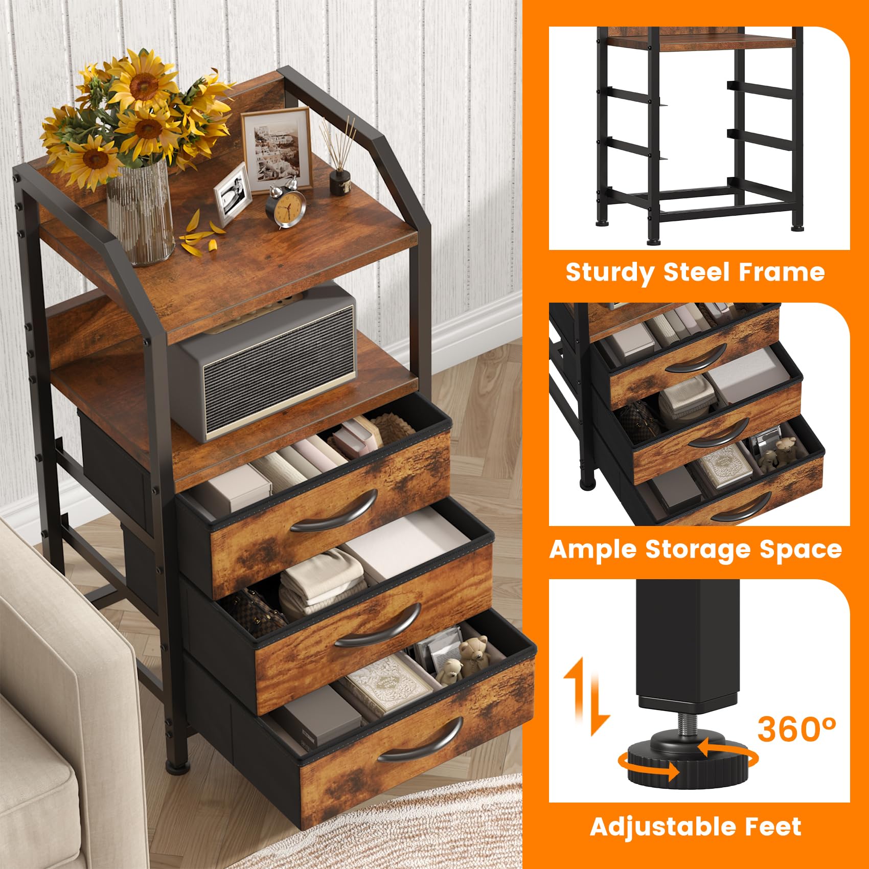 Feonase Bedside Table with 3 Fabric Drawers & Open Shelf | Rustic Brown | 40x30x75 cm 5