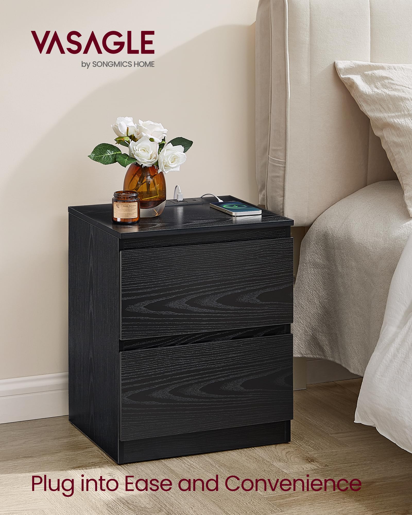 VASAGLE KAILYN Nightstand with Charging Station | 2 Drawers | Ebony Black 3