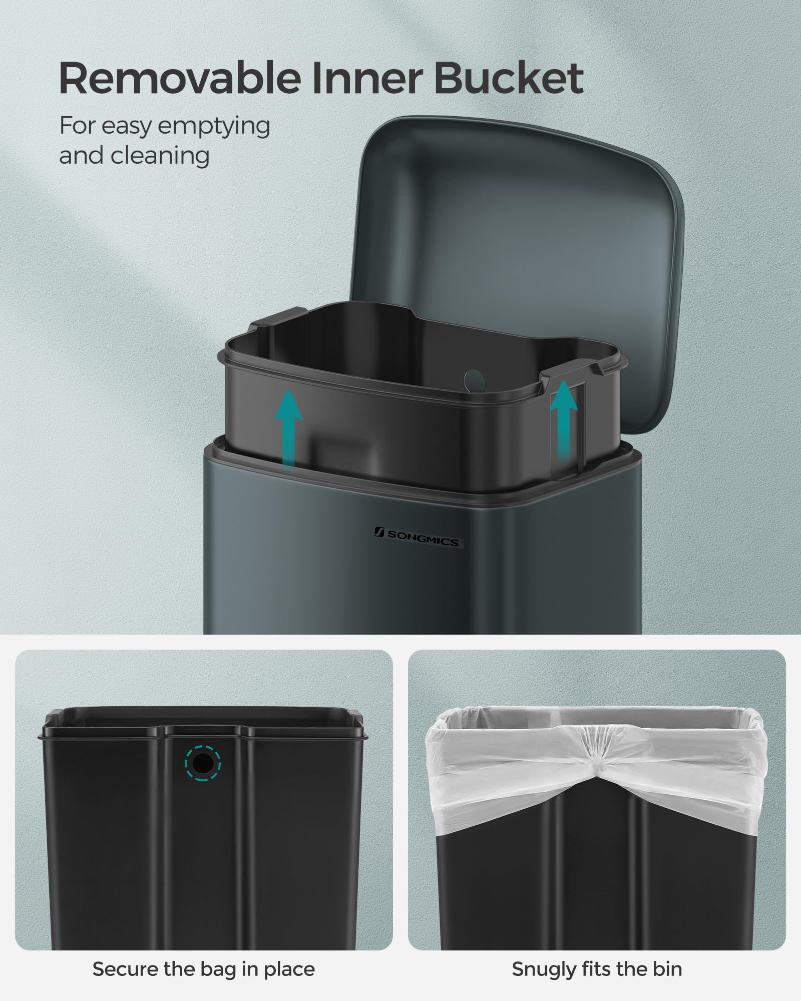SONGMICS Kitchen Bin - 8 Gallon (30L) Steel Pedal Bin with Soft Close Lid | Greenish-Grey 5