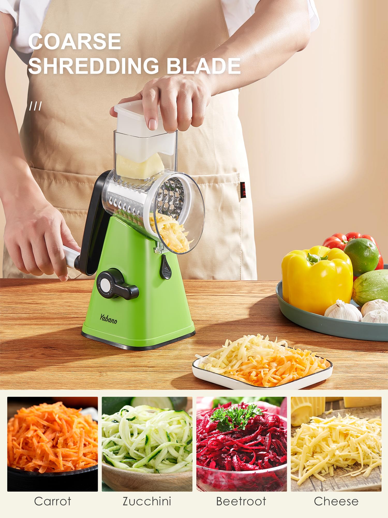 Yabano Rotary Cheese Grater - Vegetable Slicer with 3 Replaceable Stainless Steel Blades | Green 5
