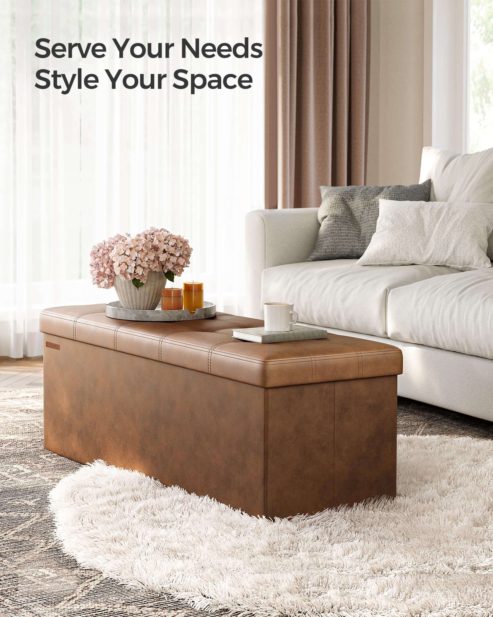 SONGMICS MAZIE Storage Ottoman Bench - 110 cm Folding Foot Rest | Coffee Brown | 300 kg Capacity 4