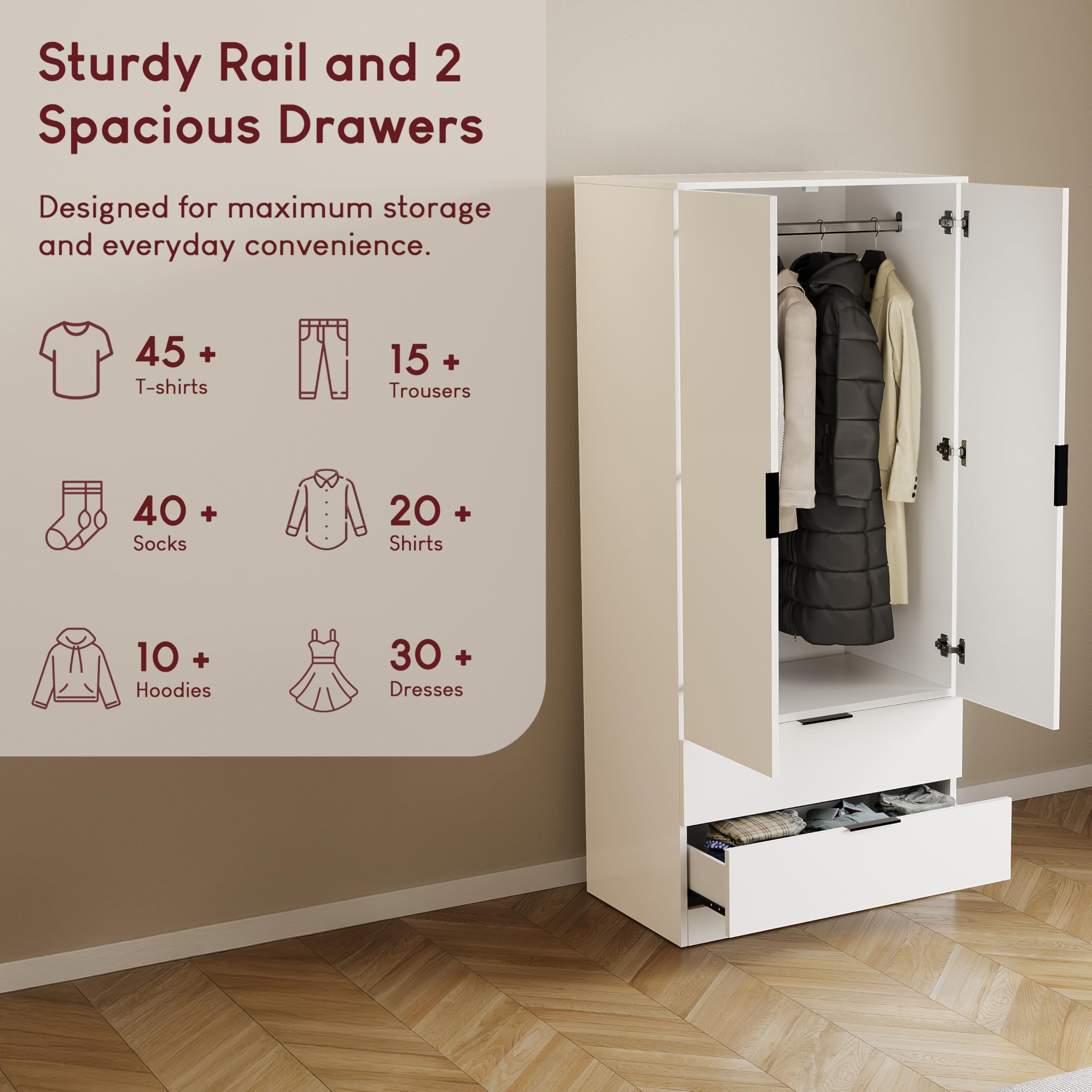 Vida Designs Trega 2 Door 2 Drawer Wardrobe - White | 170cm H x 76cm W | Engineered Wood 5