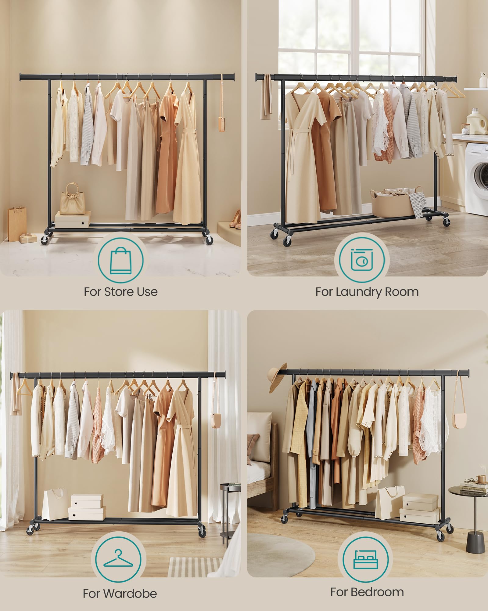 SONGMICS Heavy Duty Clothes Rack on Wheels - Extendable Rail, 150 kg Capacity | Black 6