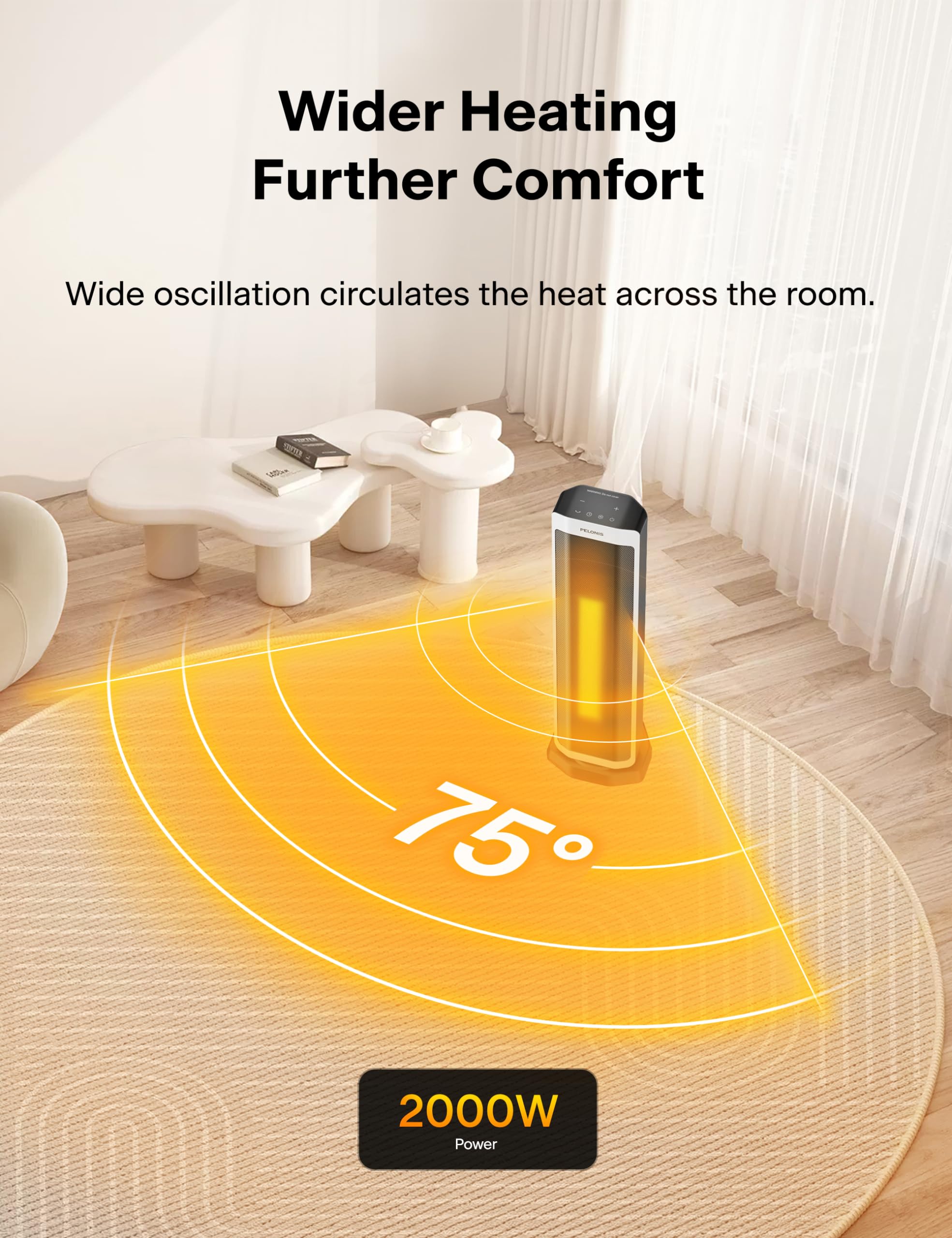 Pelonis 2000W Electric Space Heater with Remote Control | 75° Oscillation | Adjustable Thermostat 2
