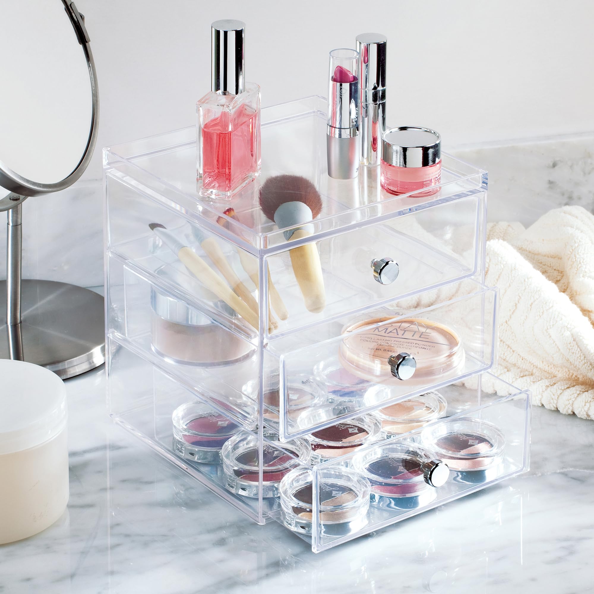 InterDesign Makeup Organiser with Three Drawers - Compact Plastic Storage for Cosmetics & Jewelry | Transparent 2