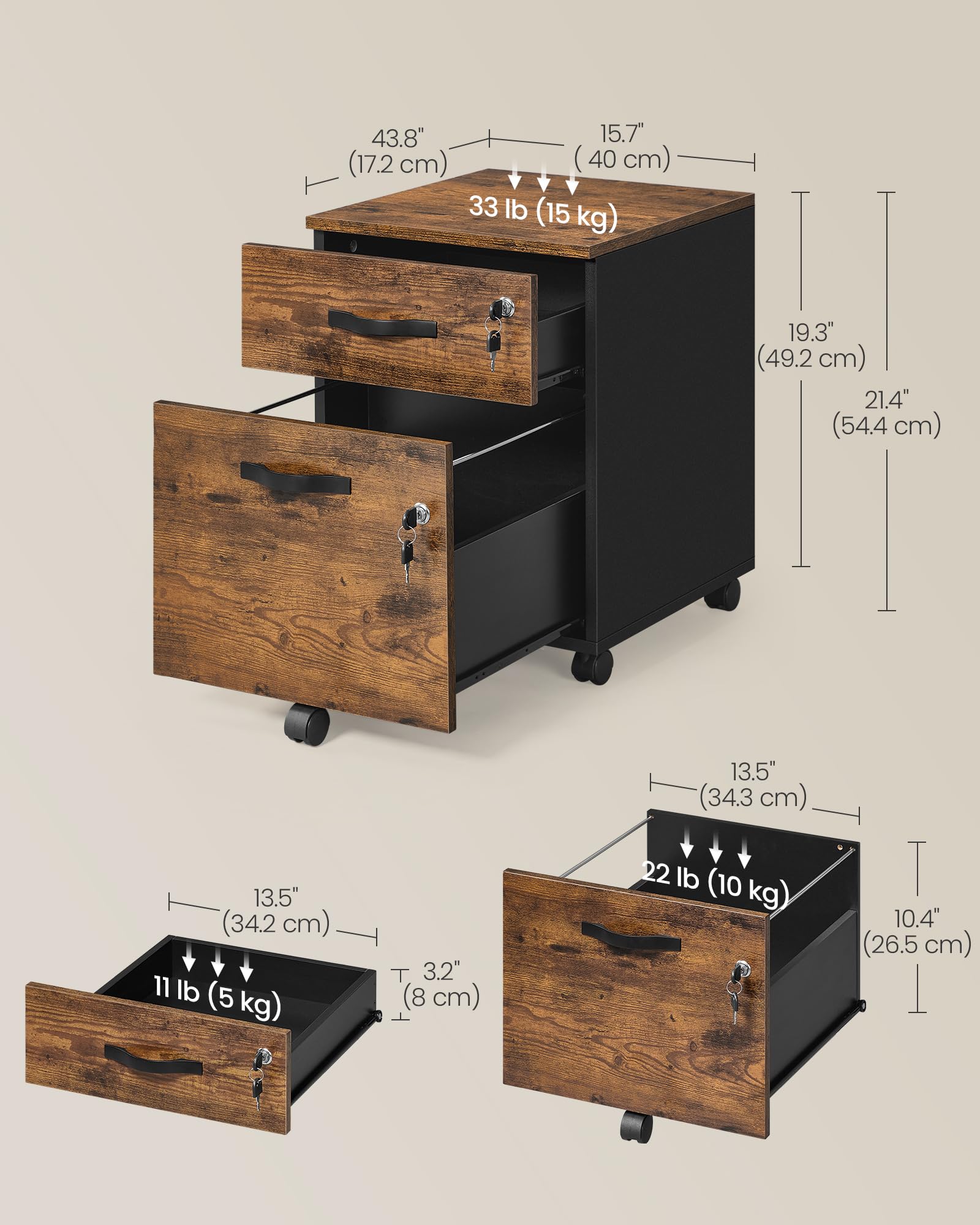 VASAGLE Rolling File Cabinet - 2 Lockable Drawers | Rustic Brown & Black | 43.8x40x54.5 cm 7