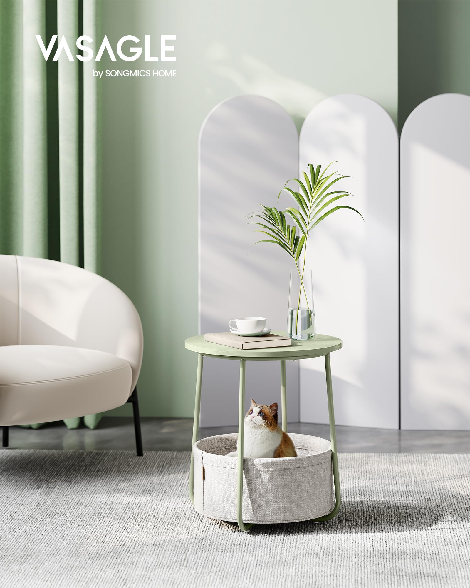 VASAGLE Round End Table with Fabric Basket | 45 x 50 cm | Laurel Green & Cream White 3