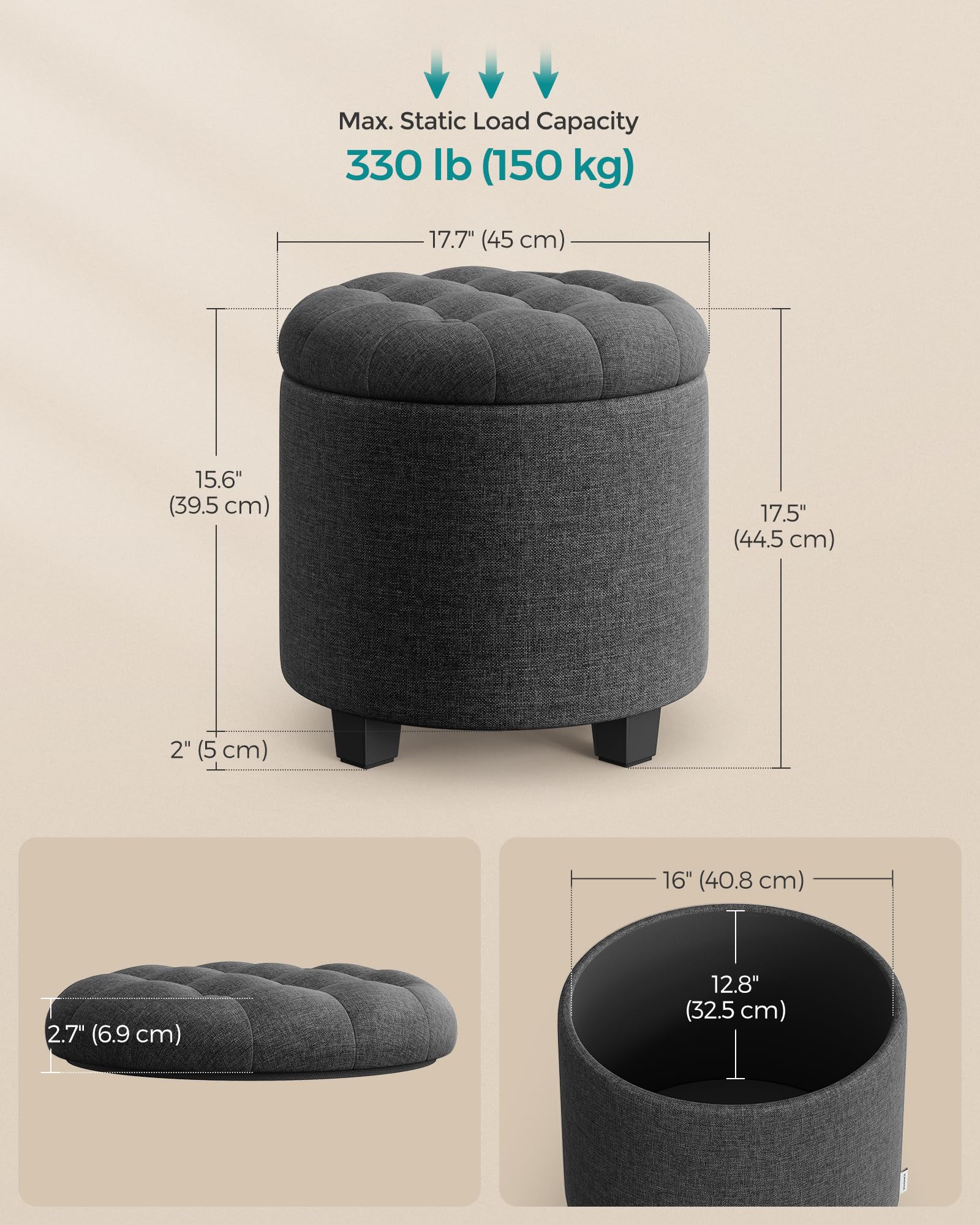 SONGMICS Round Storage Ottoman - Dark Grey Linen-Look | Supports 150 kg | 45 x 45 x 44.5 cm 3