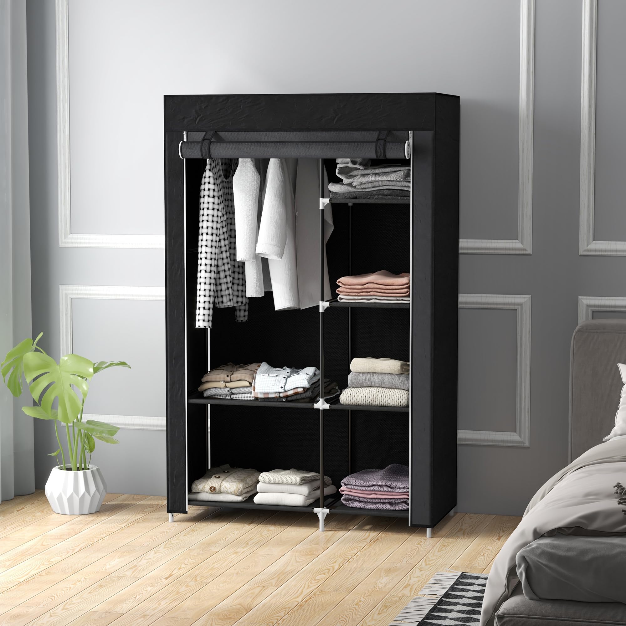 HOMCOM Portable Fabric Wardrobe - 6 Shelves, 1 Hanging Rail, Black | 103W x 43D x 162.5H cm 6