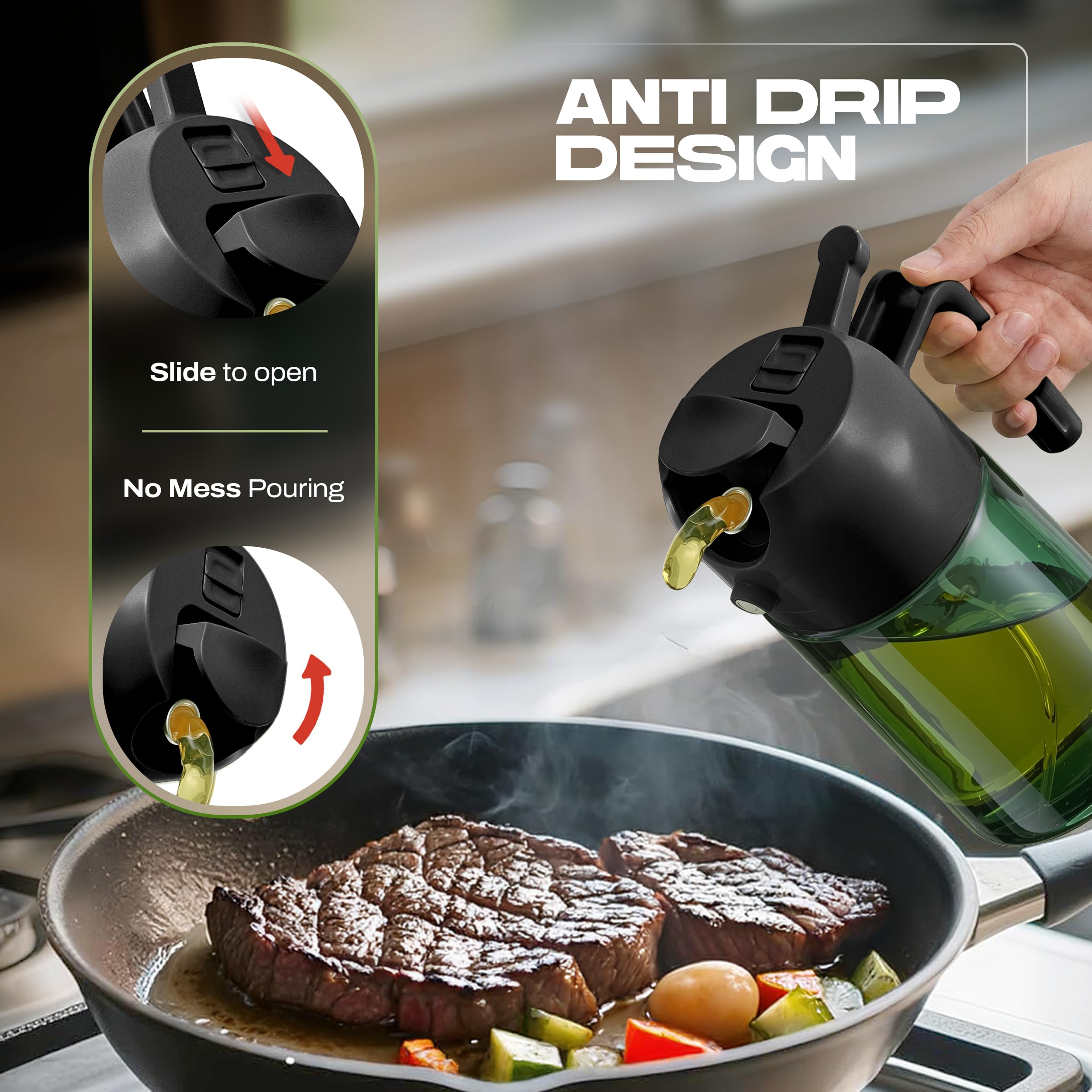 PORTENTUM Olive Oil Spray Bottle for Cooking - 470 ml | 2 in 1 Spray & Pour | Green Glass 4